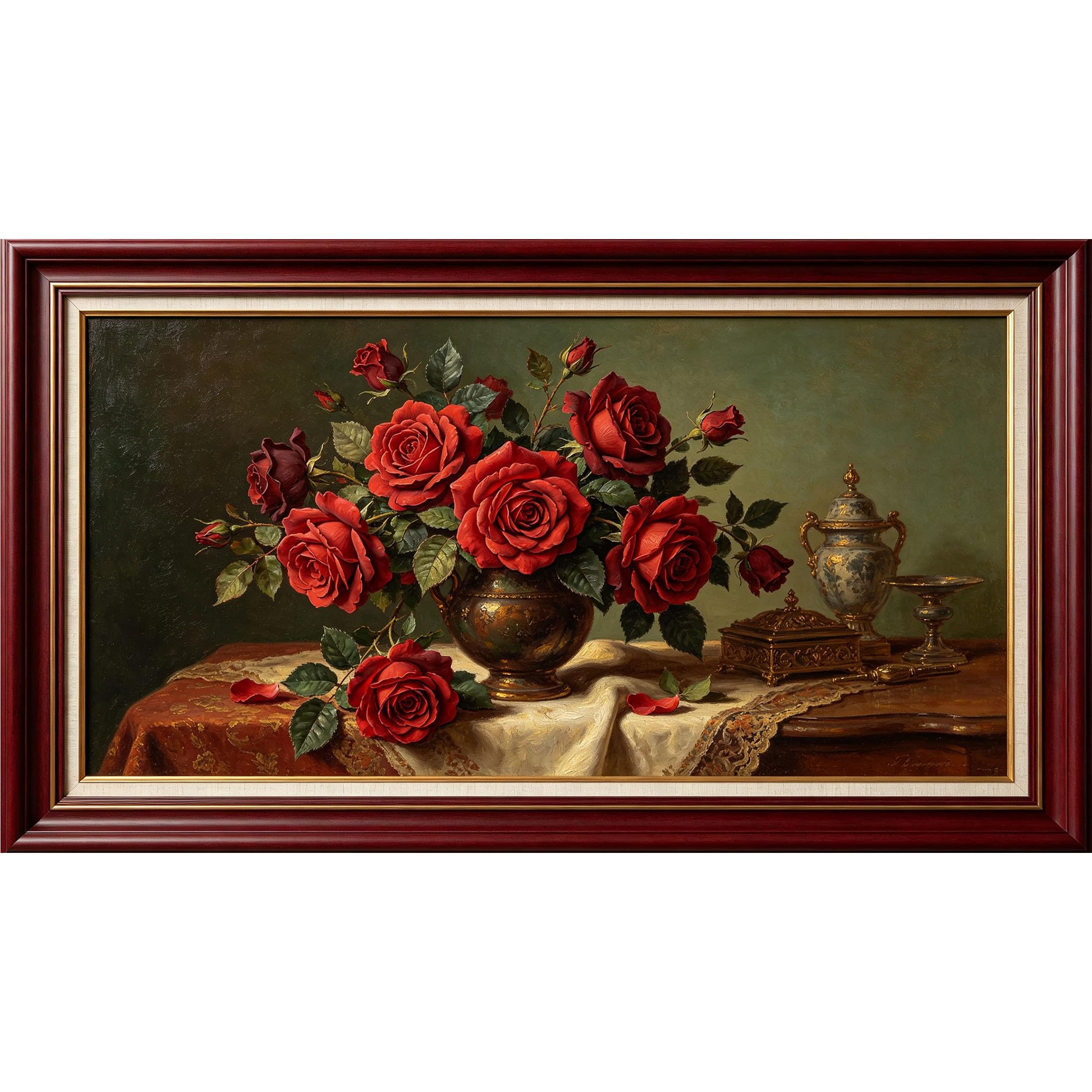 QZLITHOTIC 50x90cm3D Framed Wall Art， Vintage Red Rose Bouquet Still Life Self‑Adhesive Mural， Water‑Activated Peel & Stick Fabric Decor Wall Decal for Bedroom Living Room