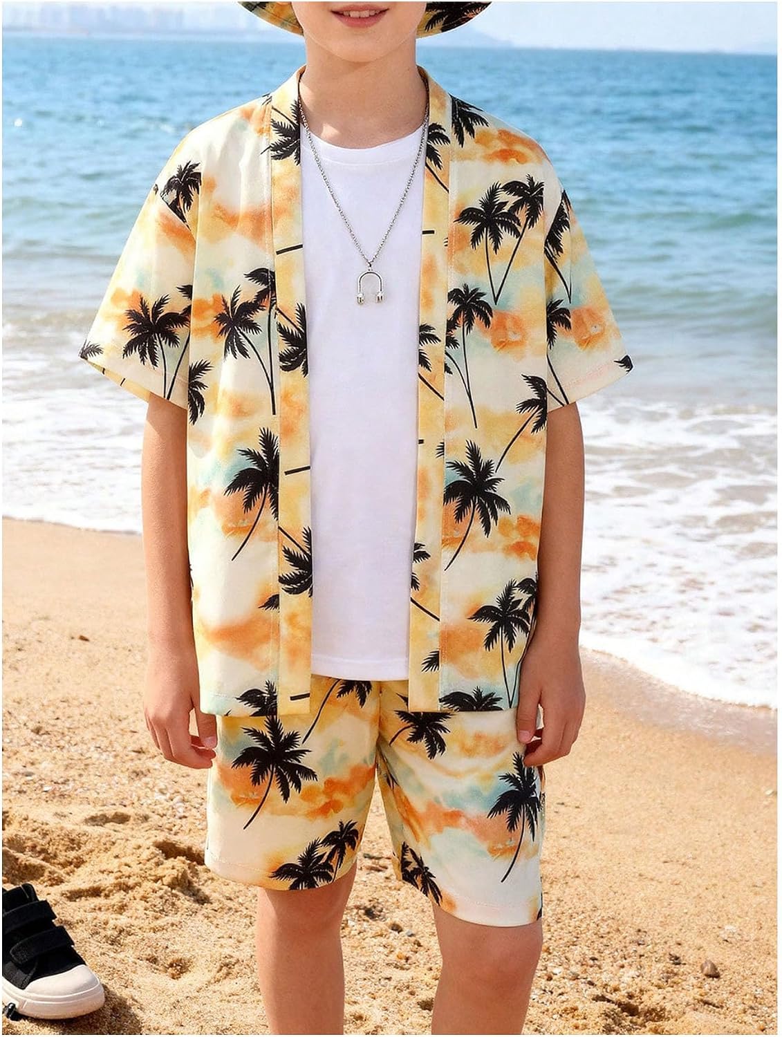 SweatyRocks Boy's Open Front Hawaiian Shirt and Short Sets with Bucket Hat Summer Vacation Outfits