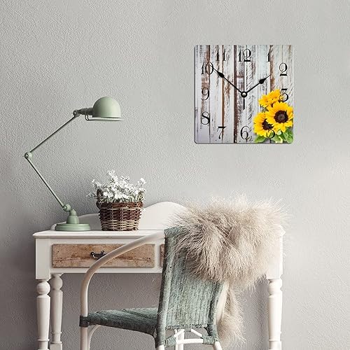 Miniatura 5 de Reloj de pared de madera con girasoles con madera rústica vintage que no hace tictac, reloj de pared cuadrado de estilo antiguo estilo campestre