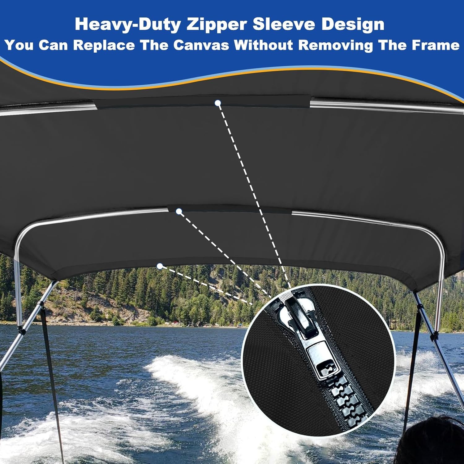4 Bow Bimini Top Replacement Canvas for Boat,900D Heavy Duty Waterproof Marine Sun Shade Canopy,Easy Install with Zipper Sleeves,Light Hole & Storage Boot,8'L 91"-96" W Jet Black(No Frame)