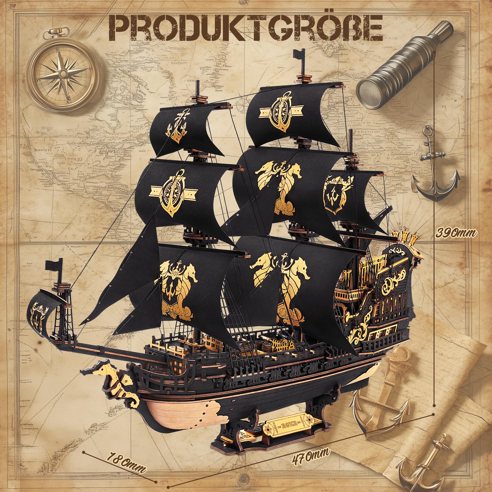 ROKR Seepferdchen Barke MCB02 3D Puzzle Holz Modellbausatz Erwachsene Bauen Schiffsmodell Bausatz Holz Basteln Dekoration Einzigartig Geschenk für Männer