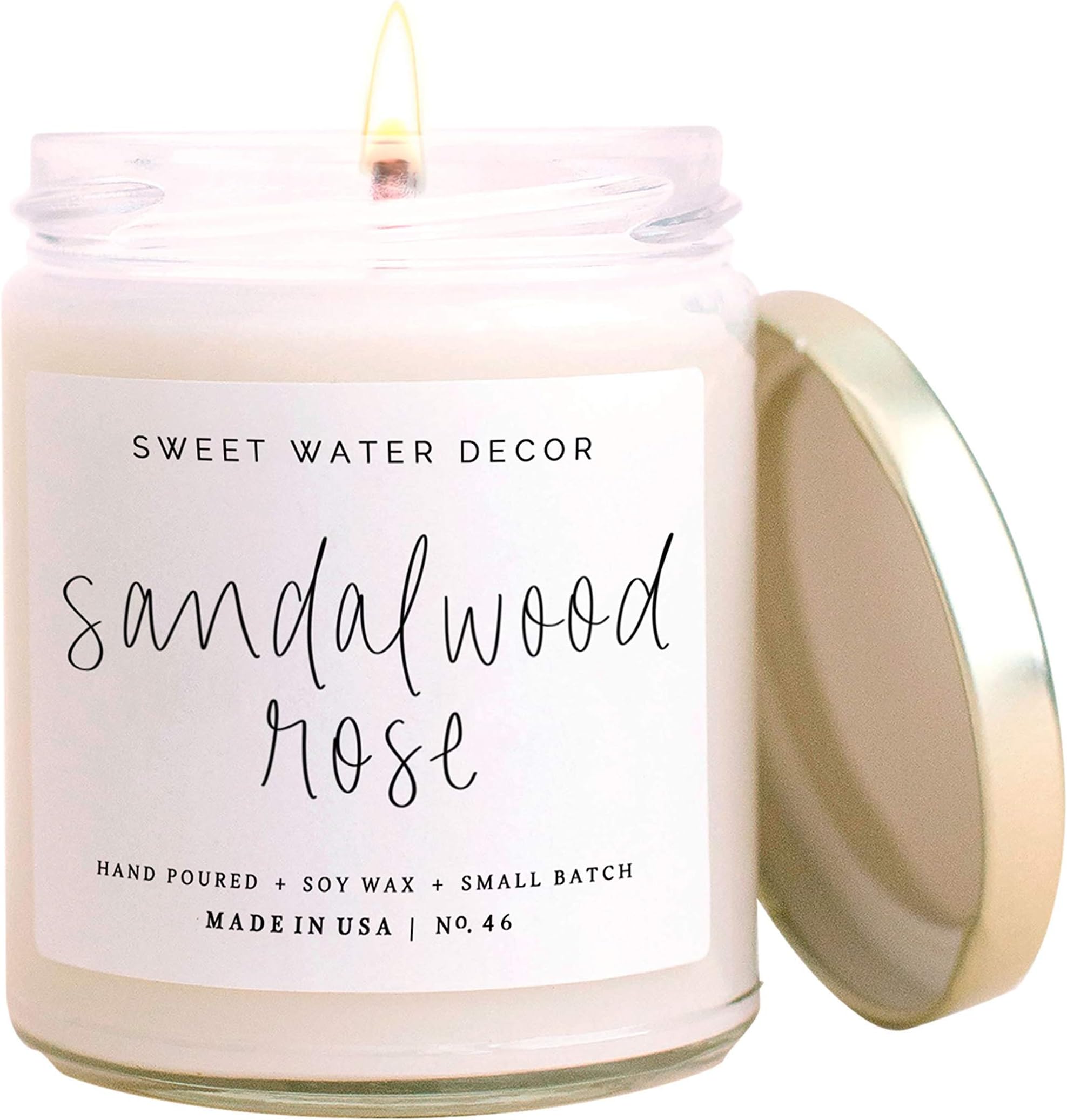 Sweet Water DecorSweet Water Decor Sandalwood Rose Candle | Rose, Wood, Amber, Vanilla, & Musk Scented Soy Wax Candle for Home | Gifts for Women, Men, Housewarming | 9oz Clear Jar, 40 Hour Burn Time