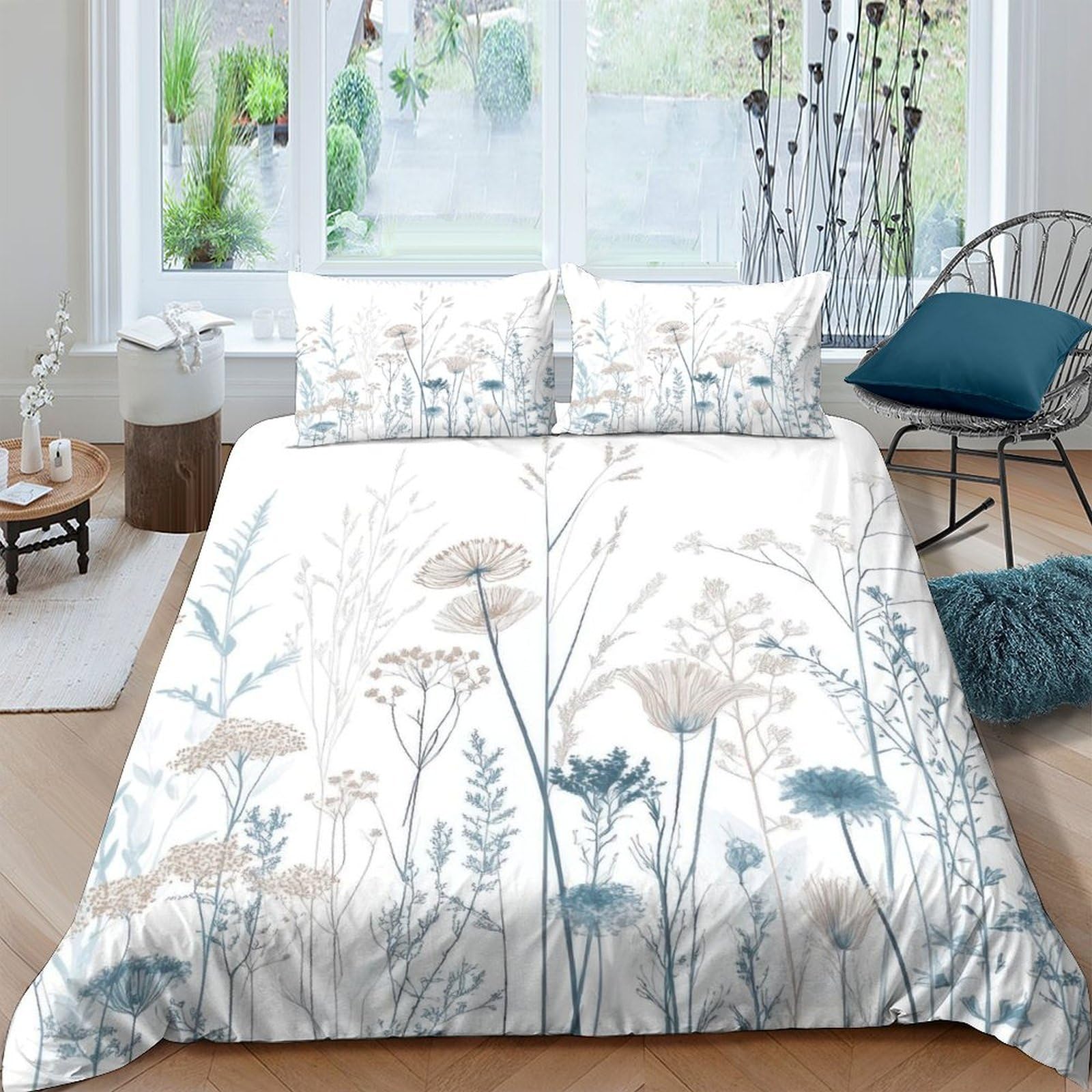 Ctjqhvkz Style-8 3D Printed Botanical Wildflower Fitted Sheet Microfiber Soft Blue Beige Nature Bed Sheet For Bedroom Guest Room Decor Single（135X200cm）