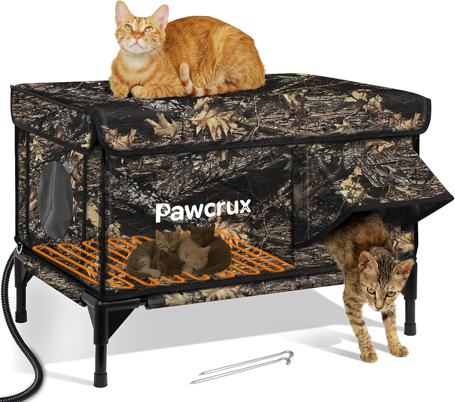 Weatherproof Heated Cat House for Outdoor in Winter, Heated Cat Bed Kitty Shelter with Cat Heating Pad, Insulated & Safe Escape Door, Warm House for Outside Stray Cat(Leaf Color, 17.7"x25.5"x17.9")