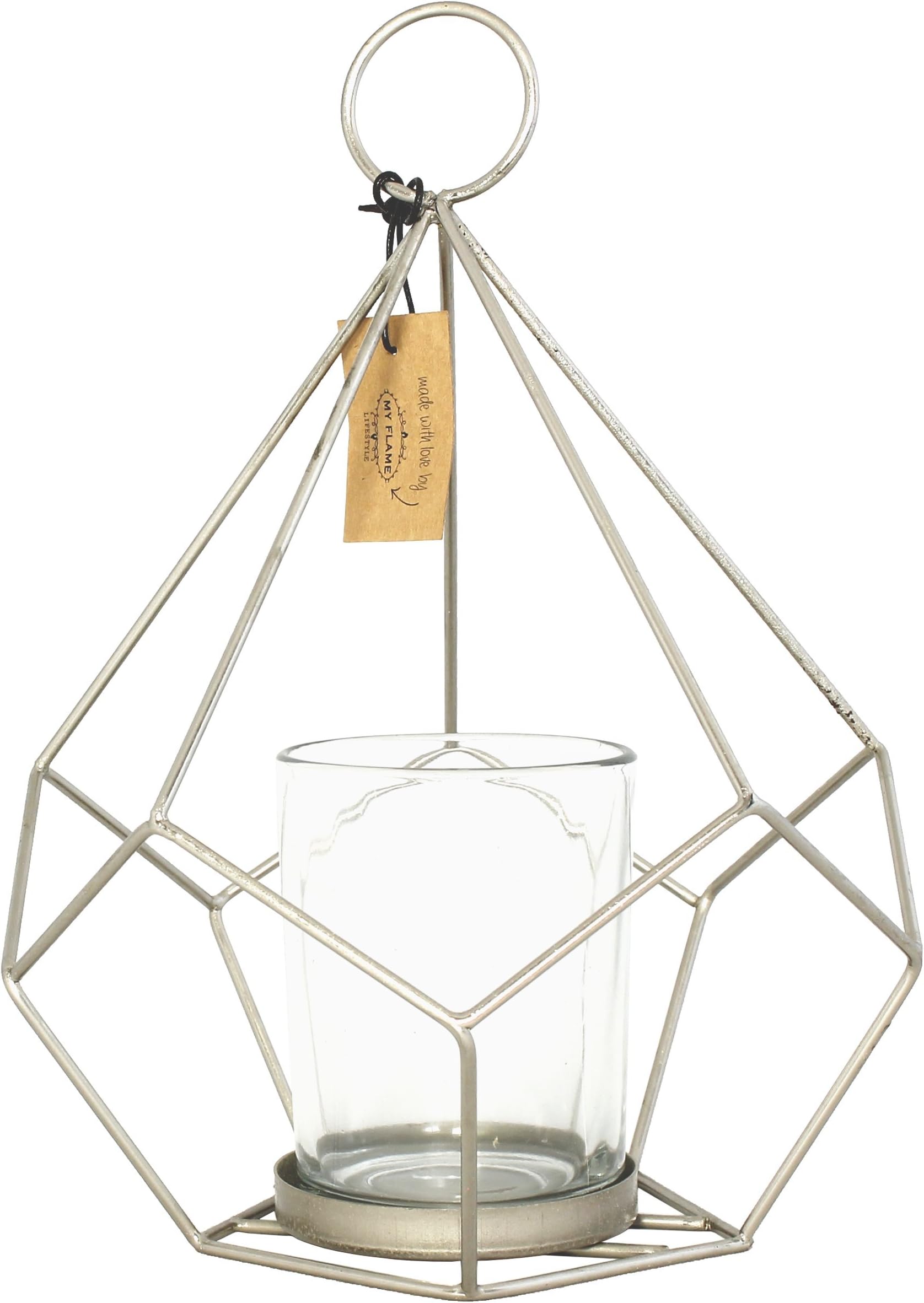 T-LIGHT HOLDERS DIAMOND shape - SILVER candle holders - 9 x 8 inch - geometric lantern candle holder with glass jar - metal tea light holders - TRENDY DESIGN candle holder (Silver)