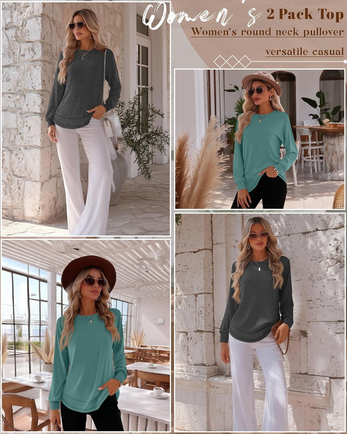 Riyiper 2 Pack Women's Crew Neck Sweatshirts, Cotton Long Sleeve Casual Shirts Loose Fit Tunic Tops Plain Basic Pullover Tees - Image 3