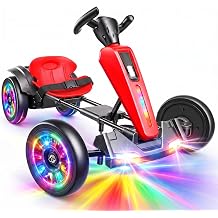 Hikole 12V Electric Car for Kids 3+, Foldable Go Cart, Light-Up Wheels, Red