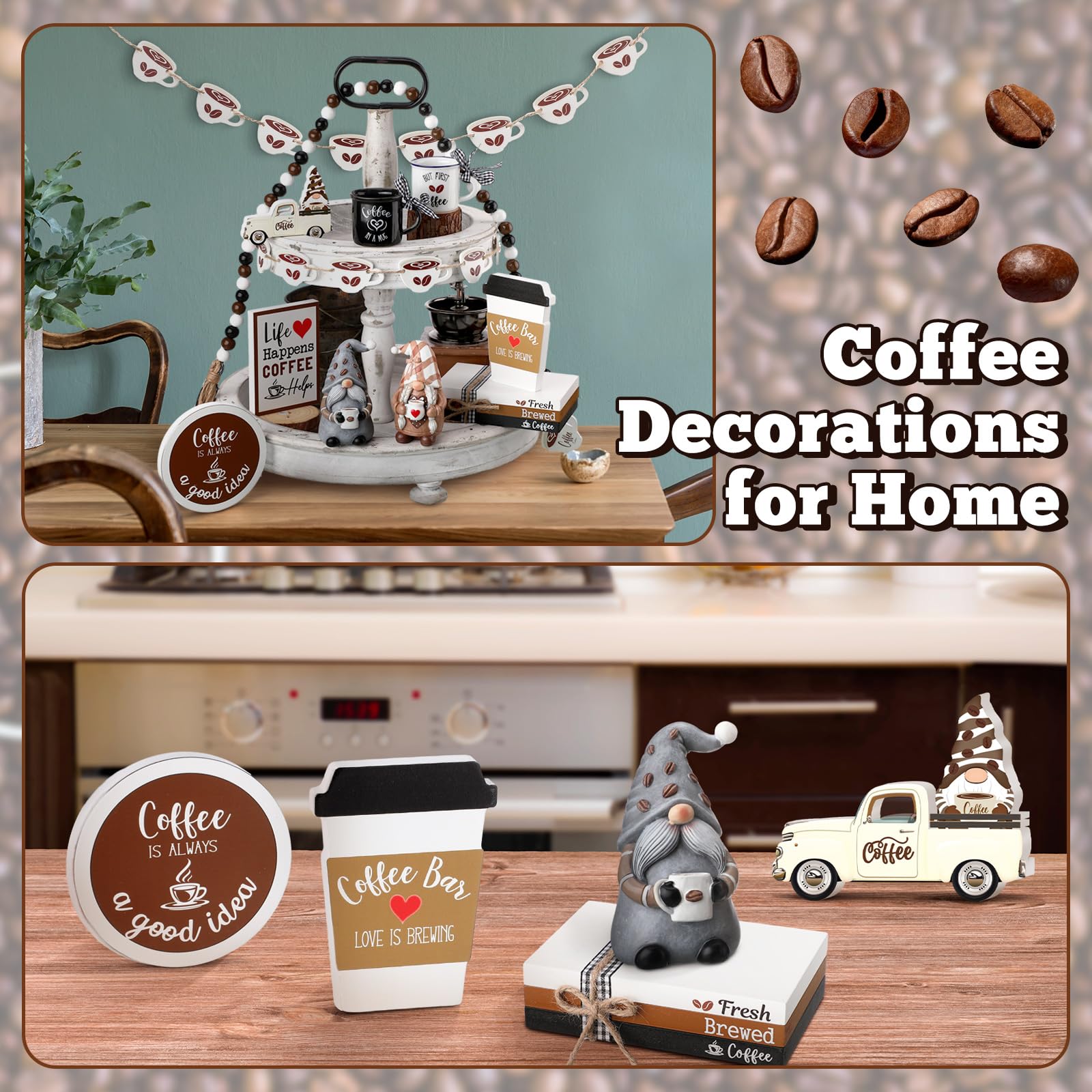 Kigley 13 Pcs Coffee Tiered Tray Decor Coffee Bar Decor Resin Coffee Gnomes Coffee Truck Wood Signs Coffee Cup Garland and Wood Beads Garland Decorative Mini Mugs for Home (Coffee Style)