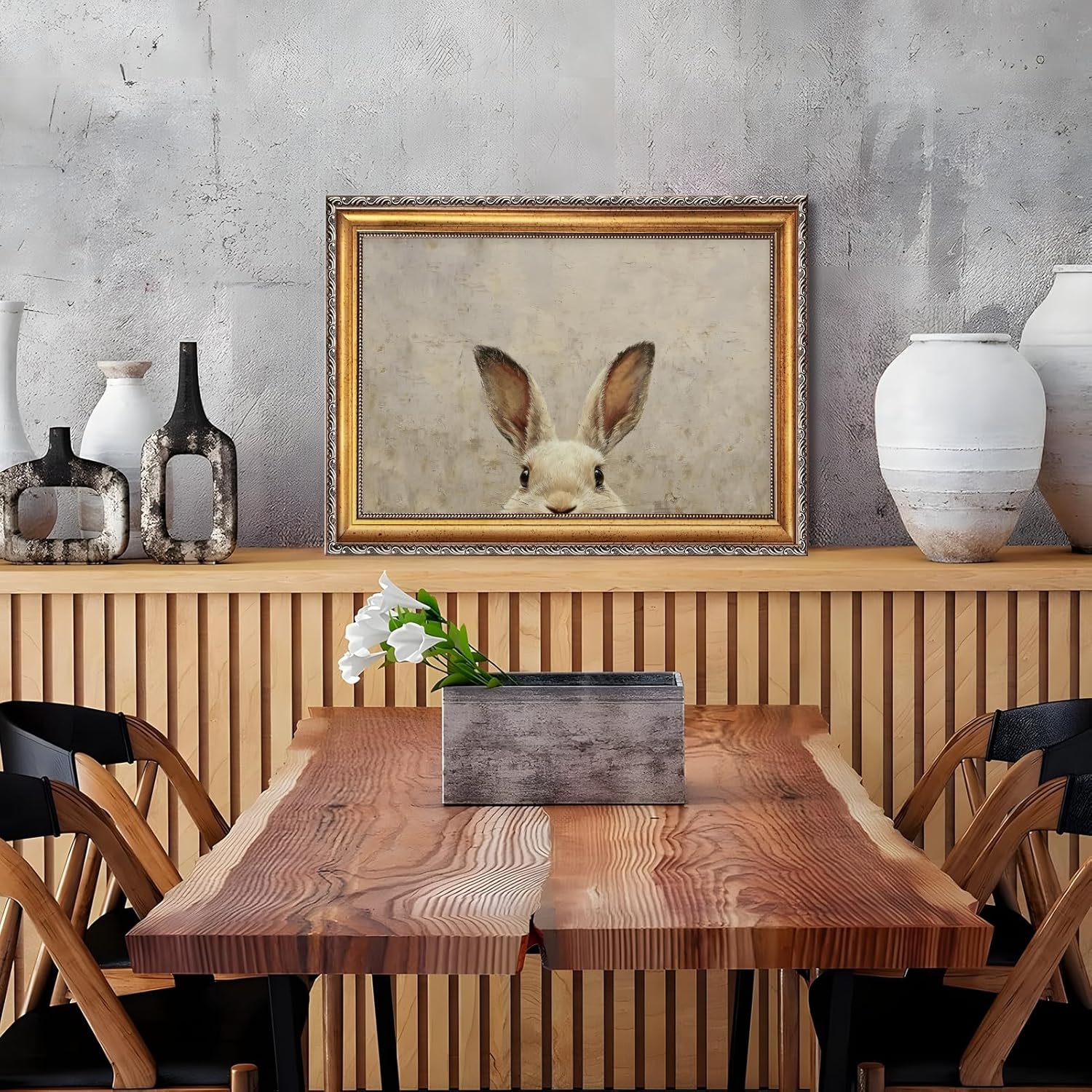 Gold Framed Vintage Bunny Wall Art Rustic Farmhouse Rabbit Poster Print Cute Animal Canvas Painting Retro Muted Spring Easter Picture for Bedroom Nursery Cottagecore Home Decor 12x16inch