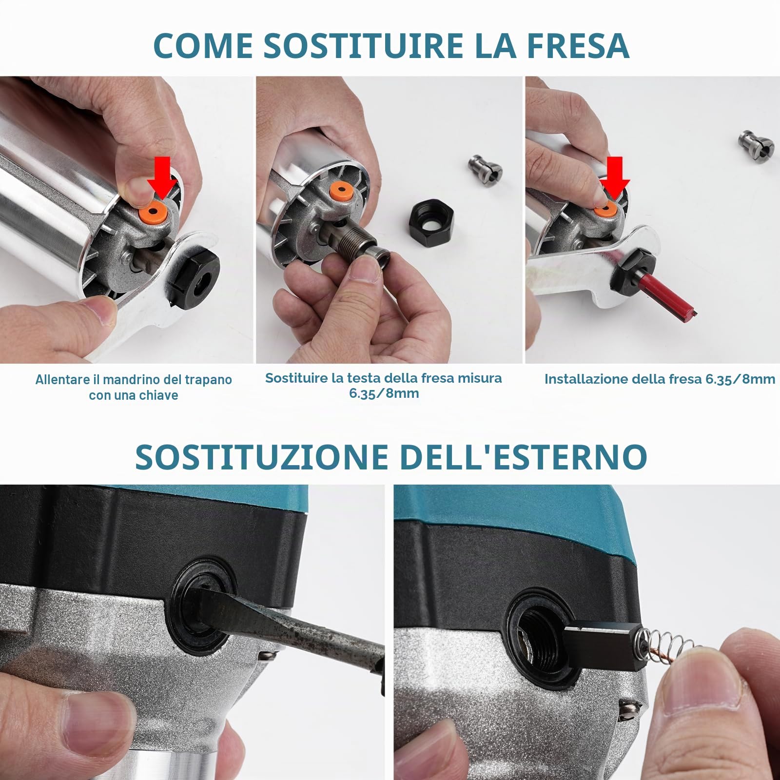Fresa per legno, fresa superiore, 1000 W, fresatrice per bordi con una sola mano, fresa per bordi superiore, 6 velocità variabili, fresa multifunzione con set di frese da 16 pezzi e tasca per attrezzi