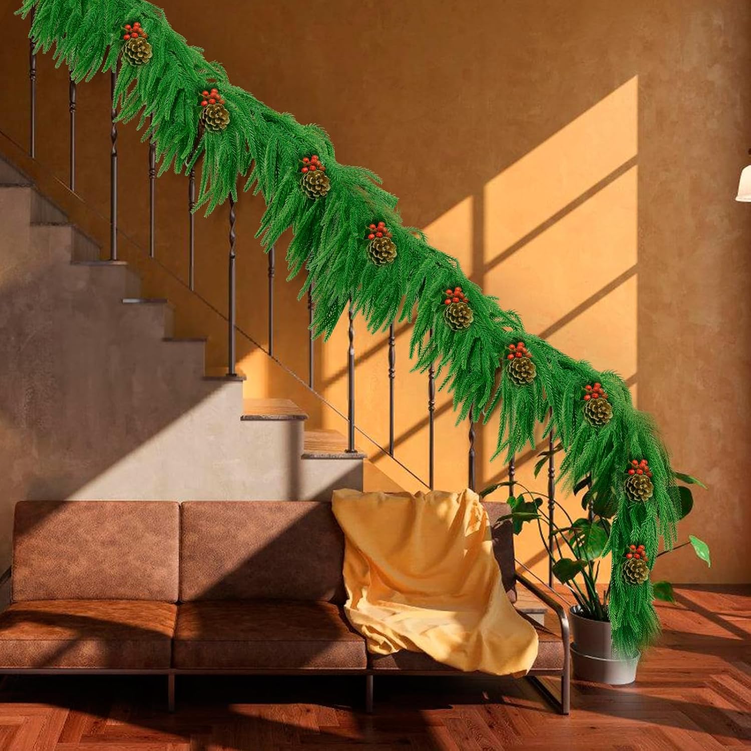 2Pcs 9 FT Artificial Norfolk Pine Garlands, Realistic Christmas Garland Thickness Real Touch Winter Greenery Garland for Table Mantle Wall Indoor Outdoor Christmas Decor - Image 7