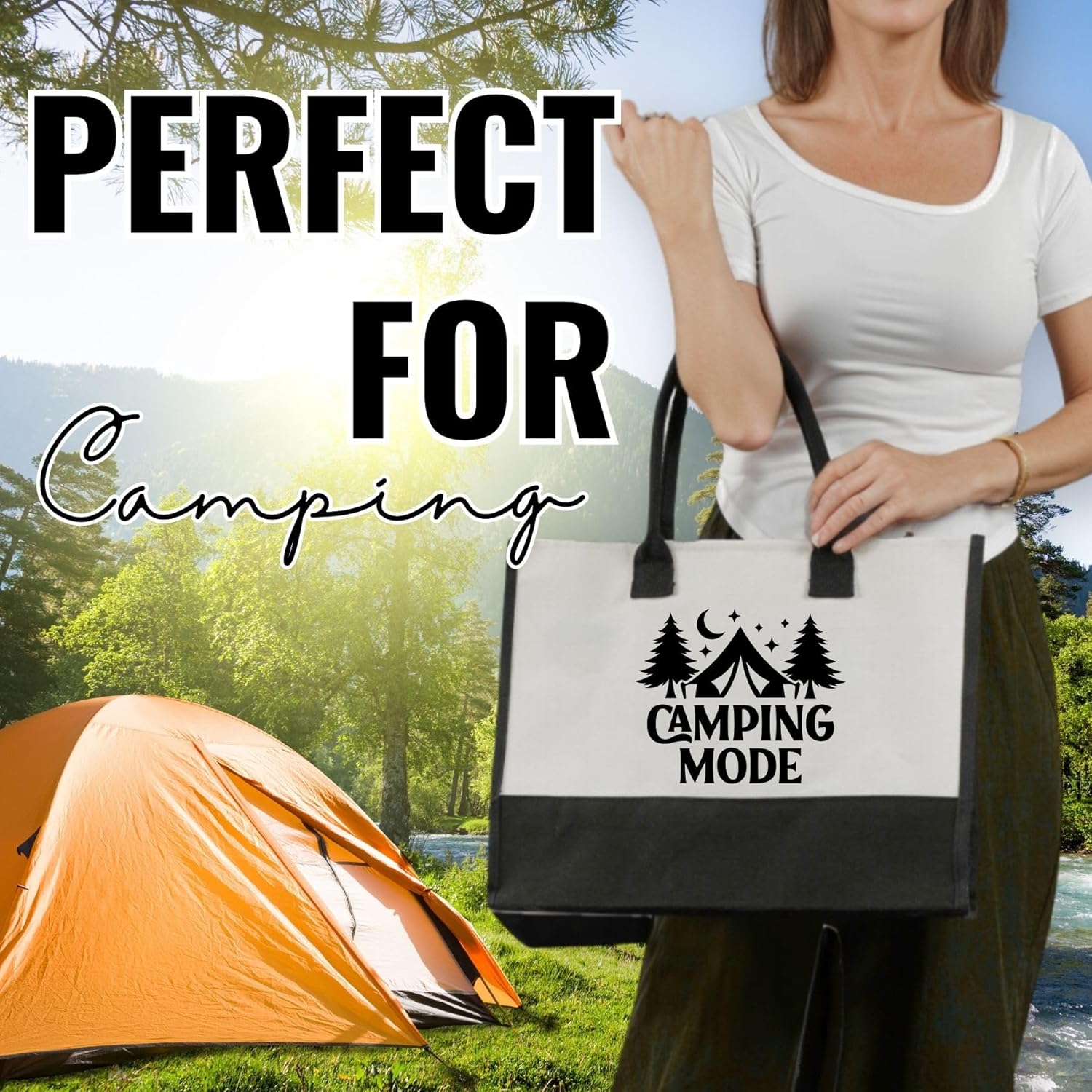 InnoBeta Camping Gifts for Women, Camping Mode, Canvas Tote Bag for Mom, Frineds, Coworkers, Bag with Top Zipper Closure and Shoulder Strap for Birthday