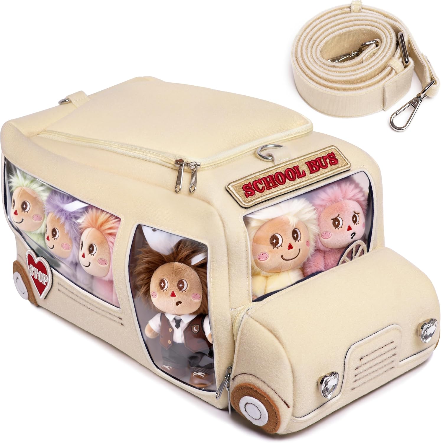 Soft Display Case Compatible with Labubu Dolls (Doll Not Included), Bus-Shaped Bag Fits Plush Figures up to 7 Inches Tall, with Clear Windows, Includes Adjustable Strap, Plushies Accessories