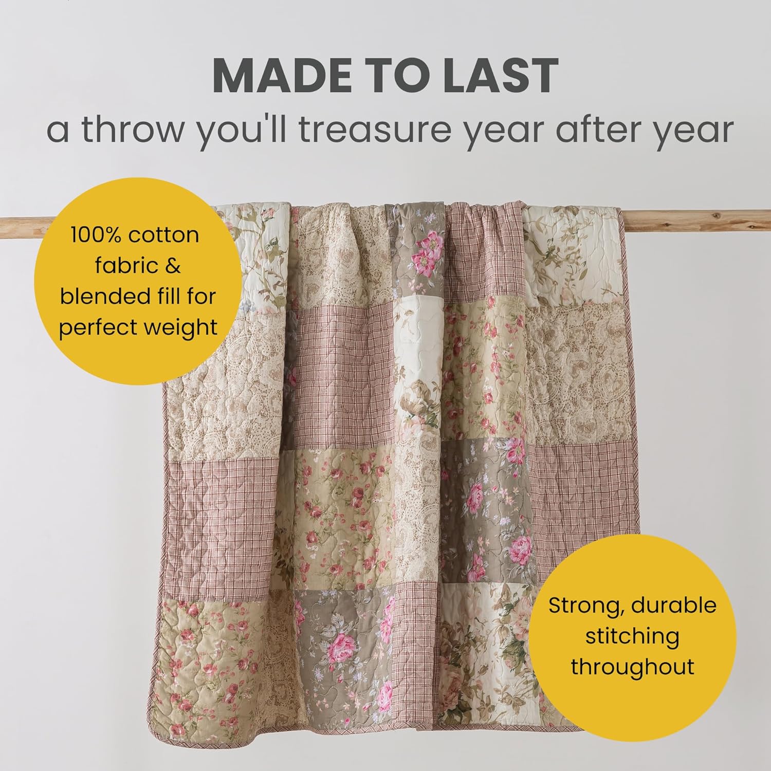 SLPR Cotton Quilted Throw Blanket, 50" x 60" Floral Farmhouse Patchwork Quilt, Shabby Chic Patchwork Throw Lap Quilt for Couch, Secret Garden - Image 3