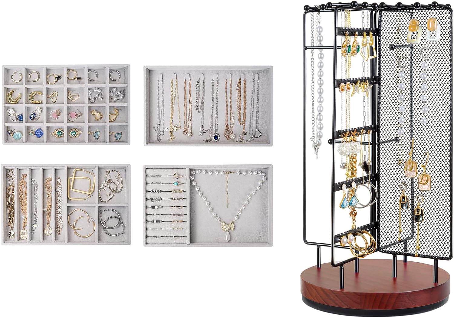 ProCase Set of 4 Stackable Jewelry Organizer Trays Bundle with 6Tier Rotating