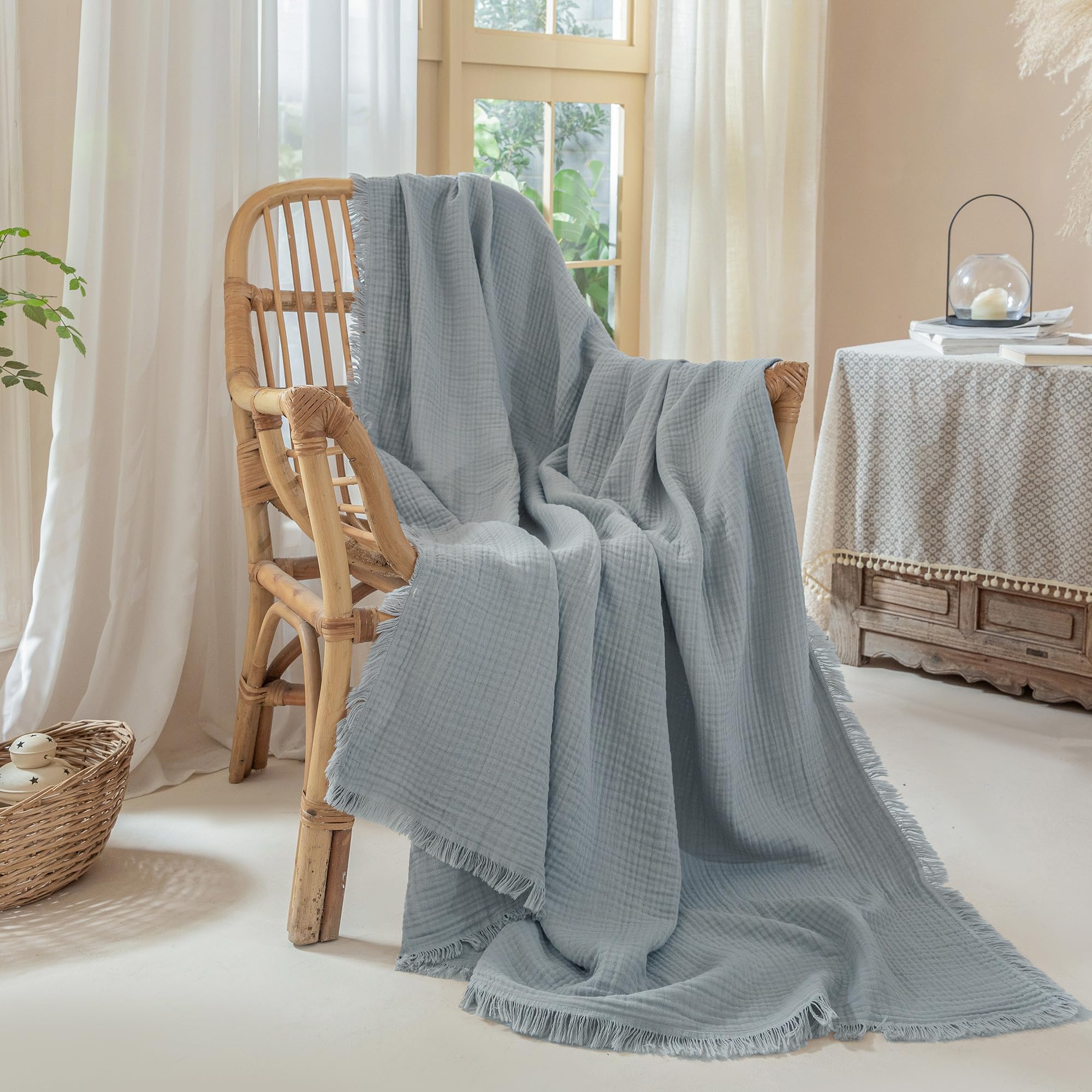 Amazon.com: XINJU Muslin Fringe Blankets for Adults: 100% Cotton