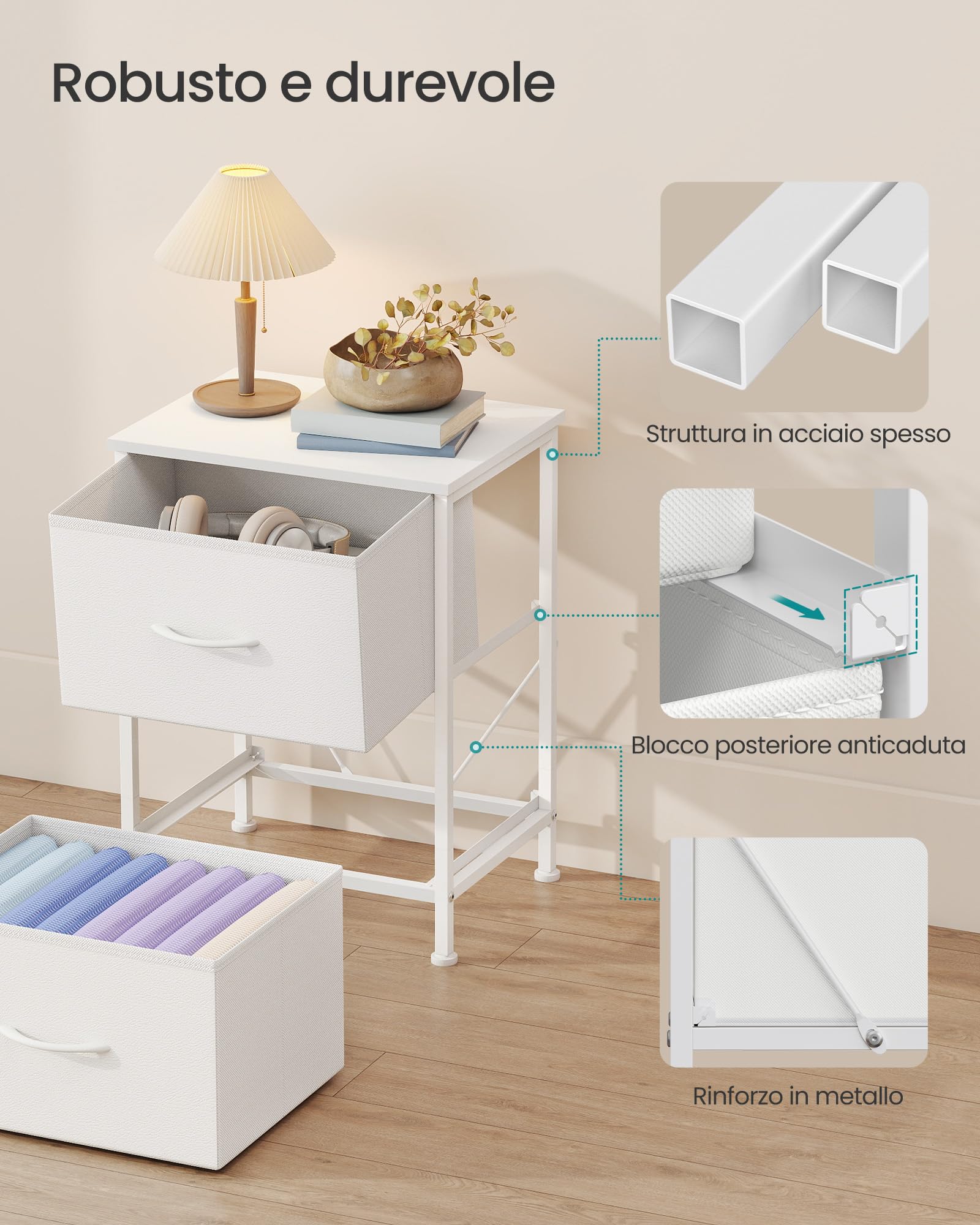 SONGMICS Comodino con 2 Cassetti in Tessuto non Tessuto, Acciaio, MDF, per Camera da Letto, Tavolino, Bianco Nuvola e Bianco Neve LGS312WH01