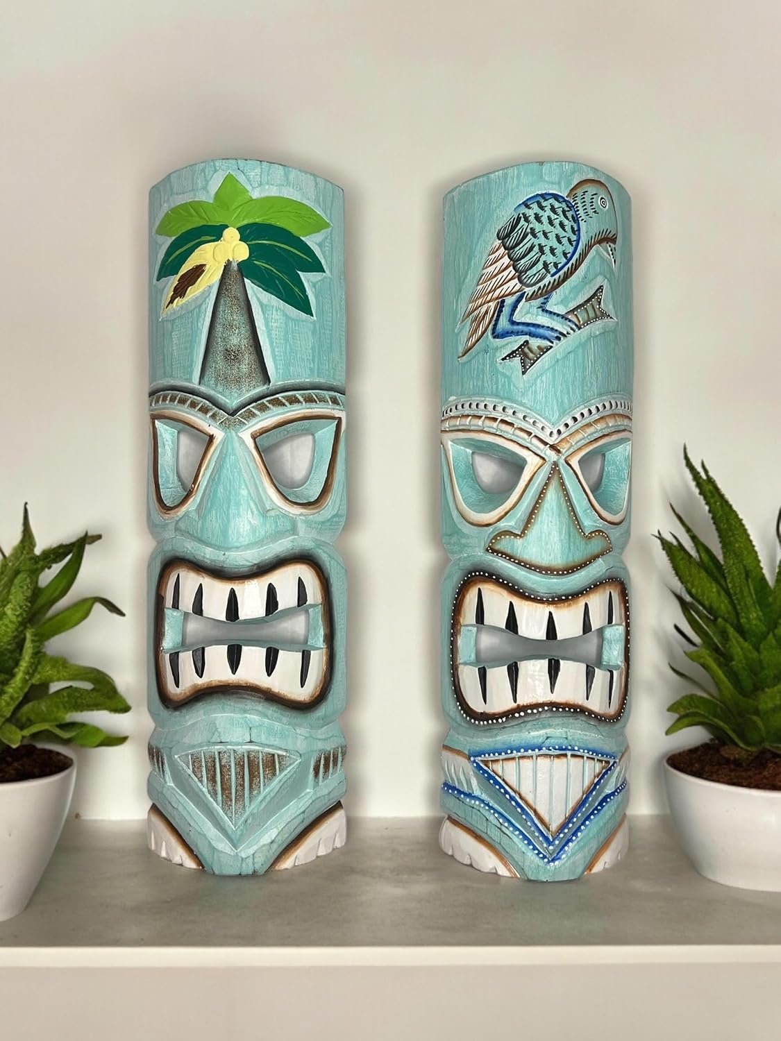 Top Brass Set of 2 – Large Aqua Teal Tiki Head Mask – Unique Hand Carved Wall Hanging or Freestanding Sculpture – Tropical Parrot and Coconut Tree Accents - Tribal Party Beach Luau Bar Decor