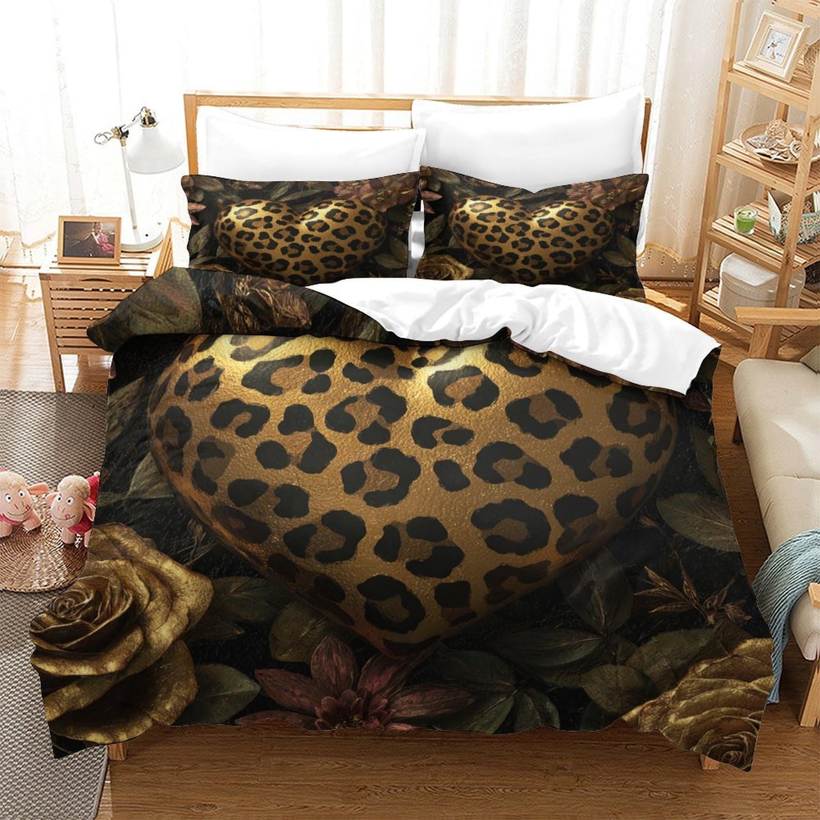Stampa 3D Leopard heart Fodera per copriletto Microfibra Biancheria per letto Con federa Duraturo Glamorous decorative Copertura per letto Morbido per single giovani coppie Super king（260x220cm）