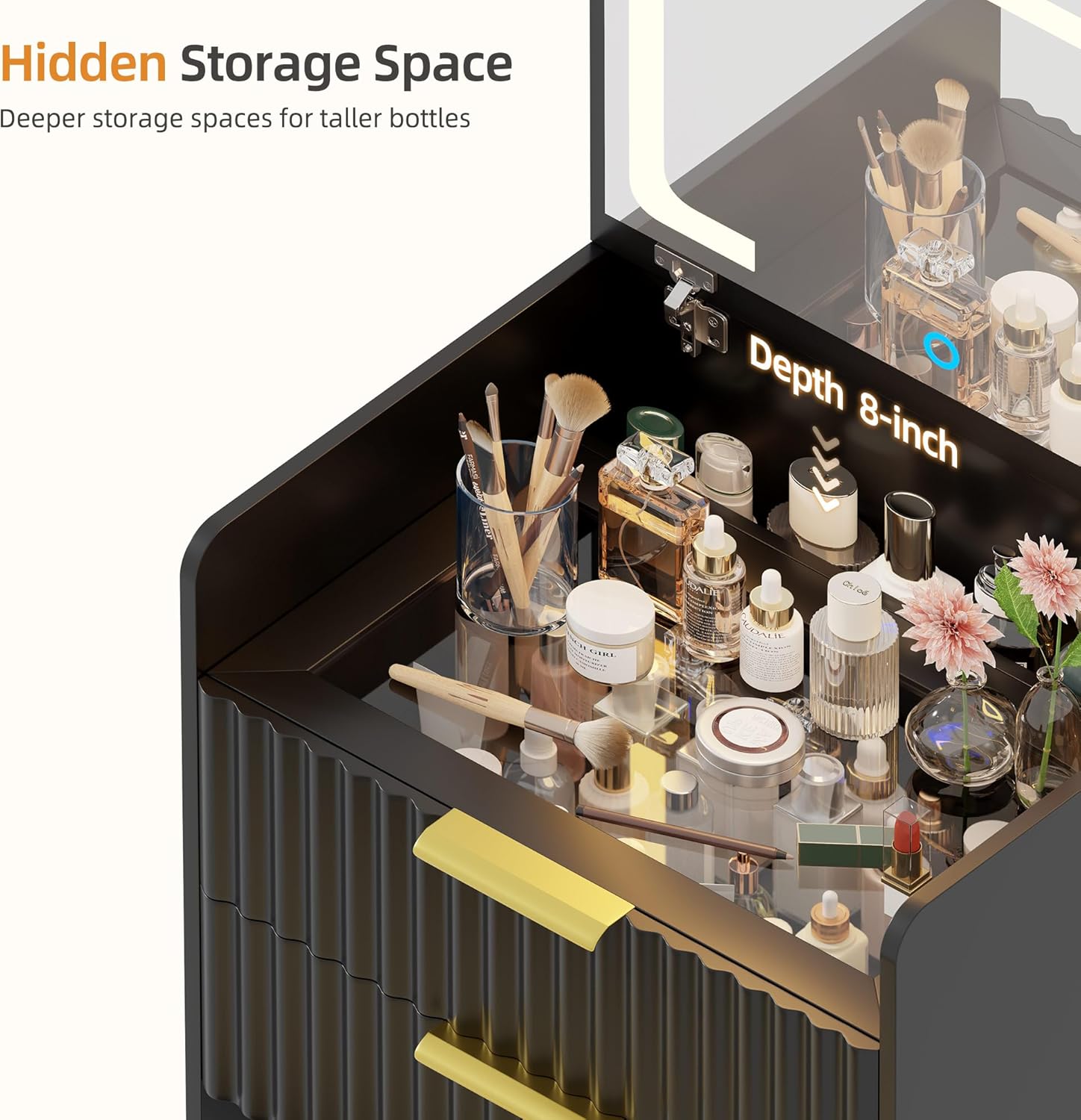 Gurexl Fluted Small Vanity Desk with Mirror and Lights, 3-in-1 Compact Makeup Vanity Set with Hidden Storage Stool, Mini Dressing Table with 3 Drawers, Gift for Little Girls/Kids (Black)