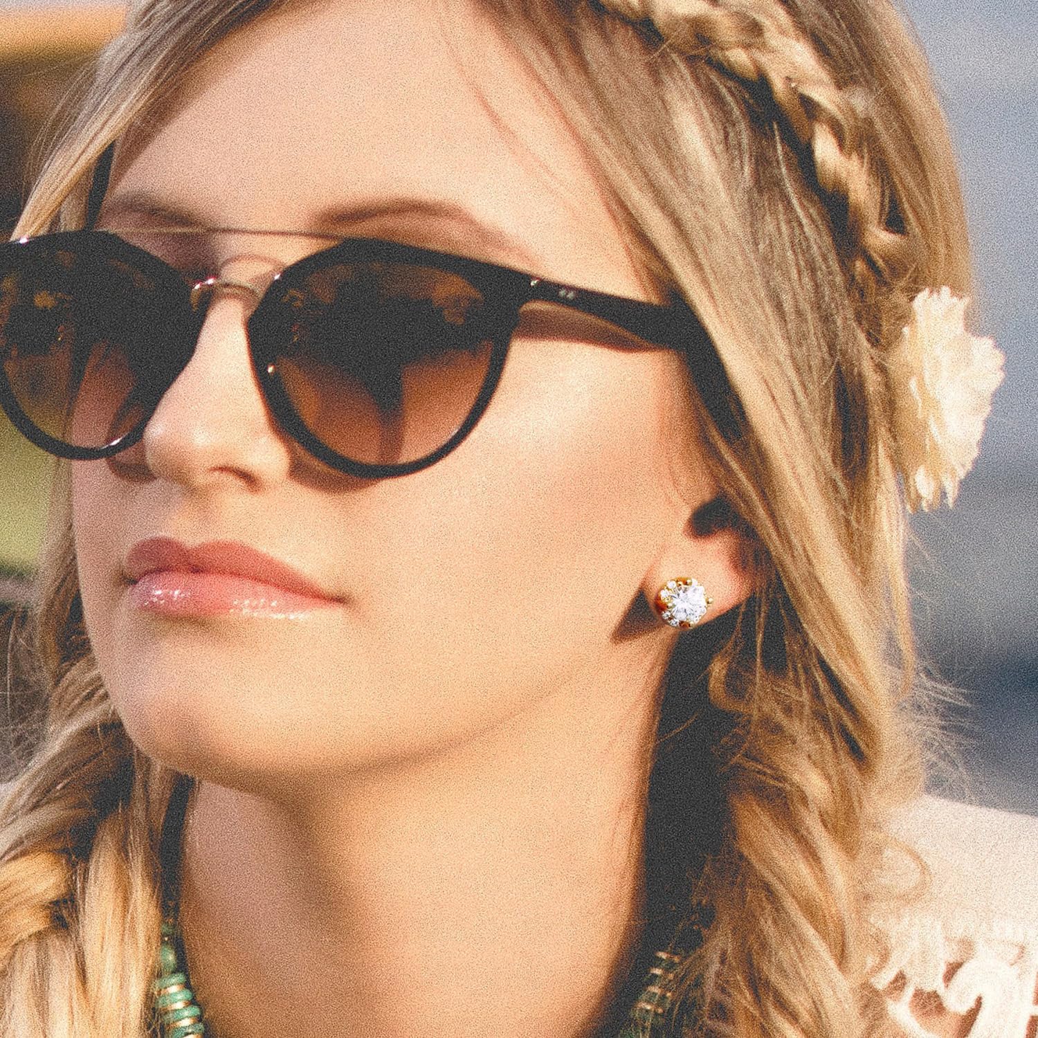 Gold Stud Earrings for Women 14K Gold Earrings Round Gold Earrings studs Radiant Cubic Zirconia Earrings Studs Lightweight Diamond Earrings Studs 7mm - Image 2