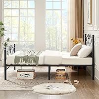 Vista 6 de VECELO Base de cama de metal de tamaño matrimonial con cabecero y estribo, base de colchón de hierro, no necesita somier, resistente y fácil