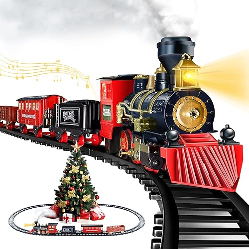 Shemira Christmas Train Set, Train Toys for Boys Girls,Toy Train with Light Smoke and Sound, Steam Train Set for Around Christmas Tree, Toys Gifts for 3 4 5 6 7 8+ Year Old Kids