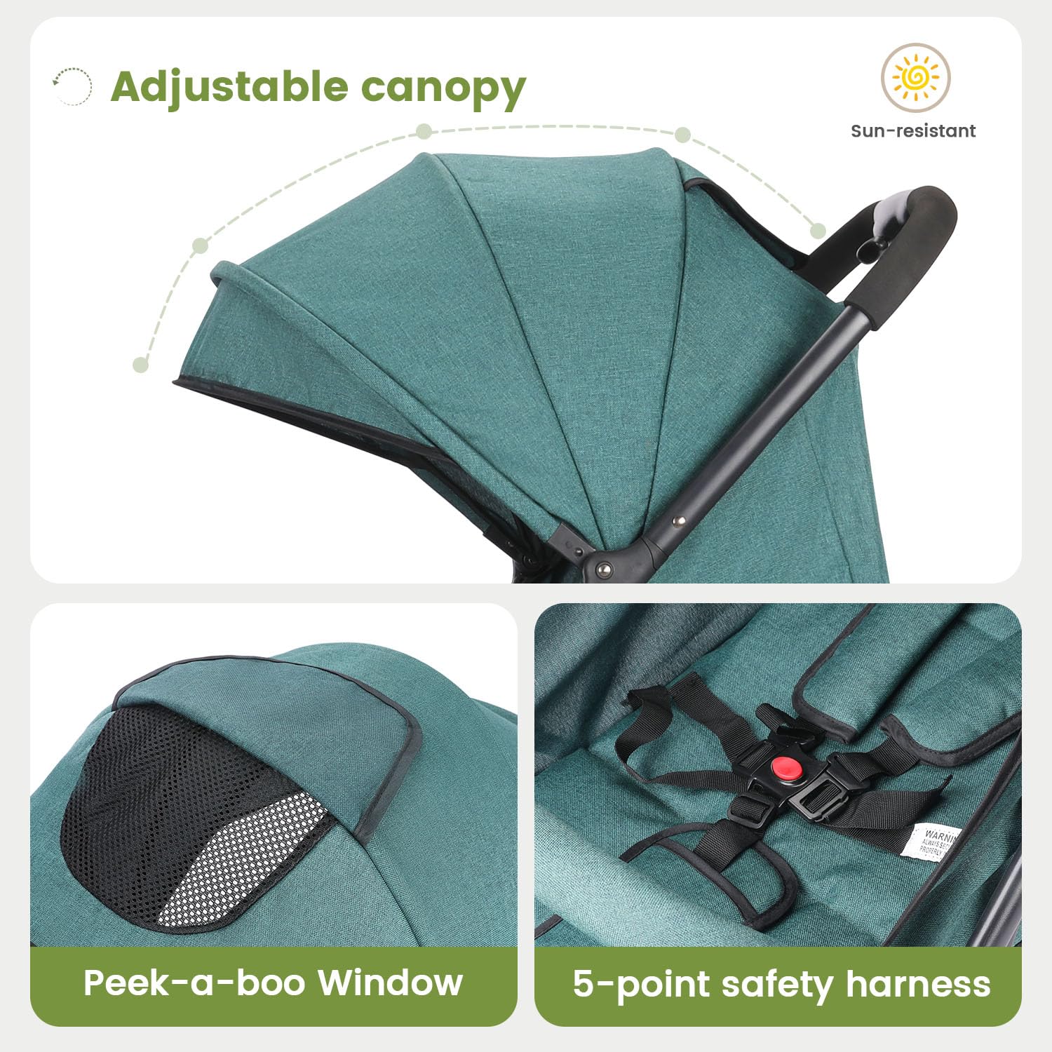 Cochecito de paseo plegable para niños, cinturón de seguridad regulable de 5 puntos, plegable con una mano, capota grande, robusto amortiguado todas las 4 ruedas, asiento espacioso, cesta de la compra
