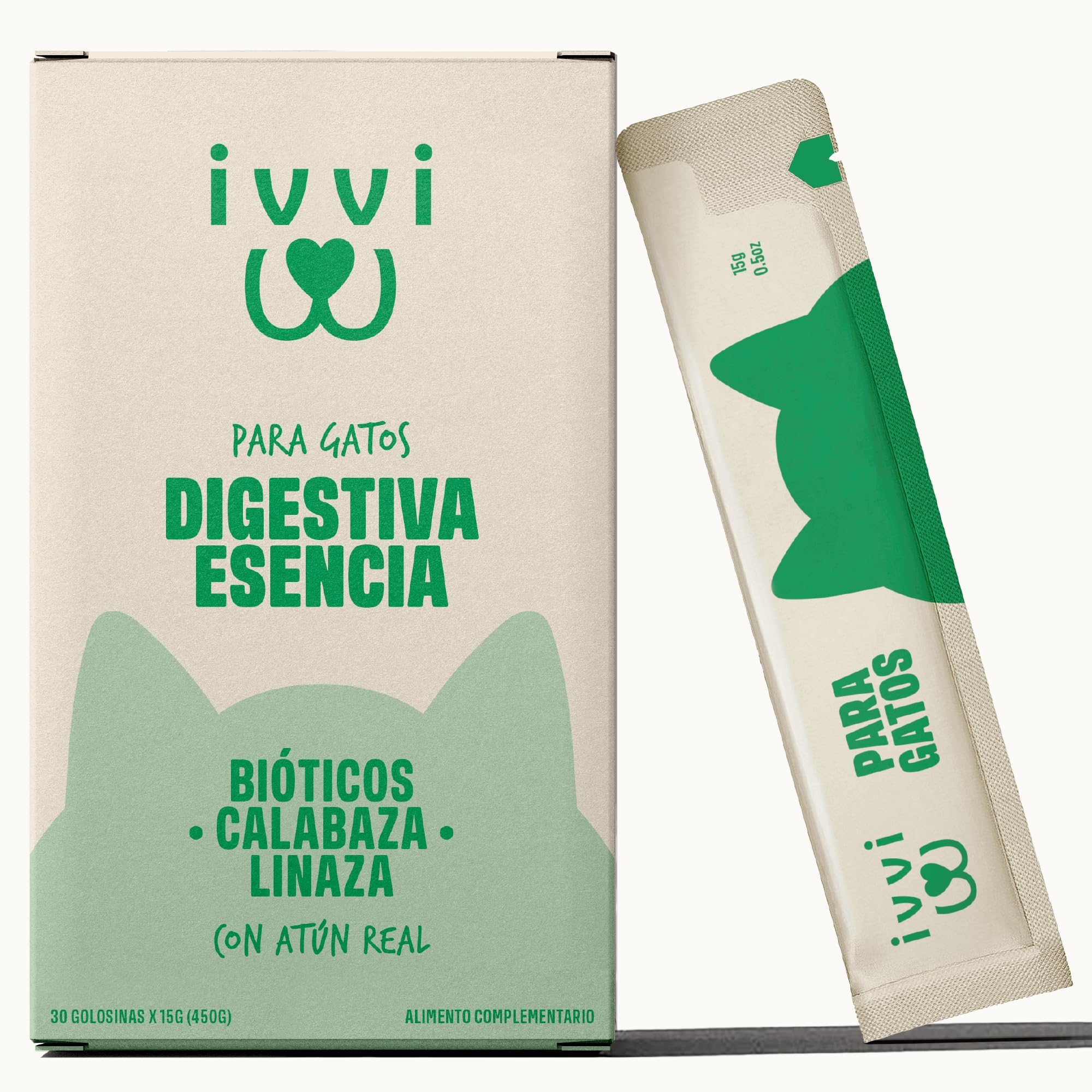 ivvi Esencia Digestiva para Gatos – 30 Snacks Cremosos con Atún, Calabaza, Linaza y Postbiótico derivado de Probióticos – Digestión, Flora Intestinal y Bienestar – 450 g