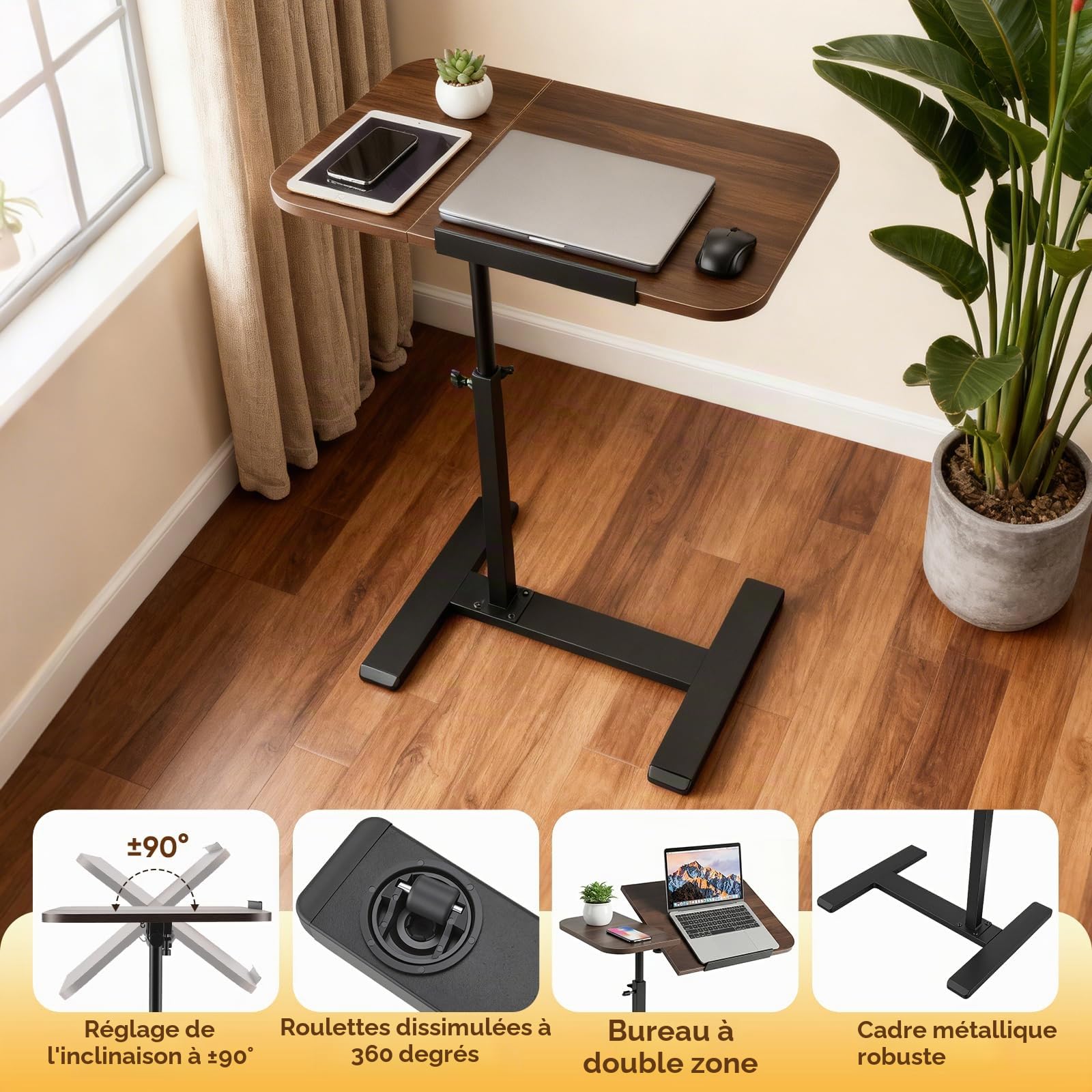 Table Lit Roulette Inclinable, 60×40cm, Scrivania mobile pour ordinateur portable avec roulettes, Plan de travail inclinable, bureau ergonomique pour home office, travail et salon, Brun Noyer