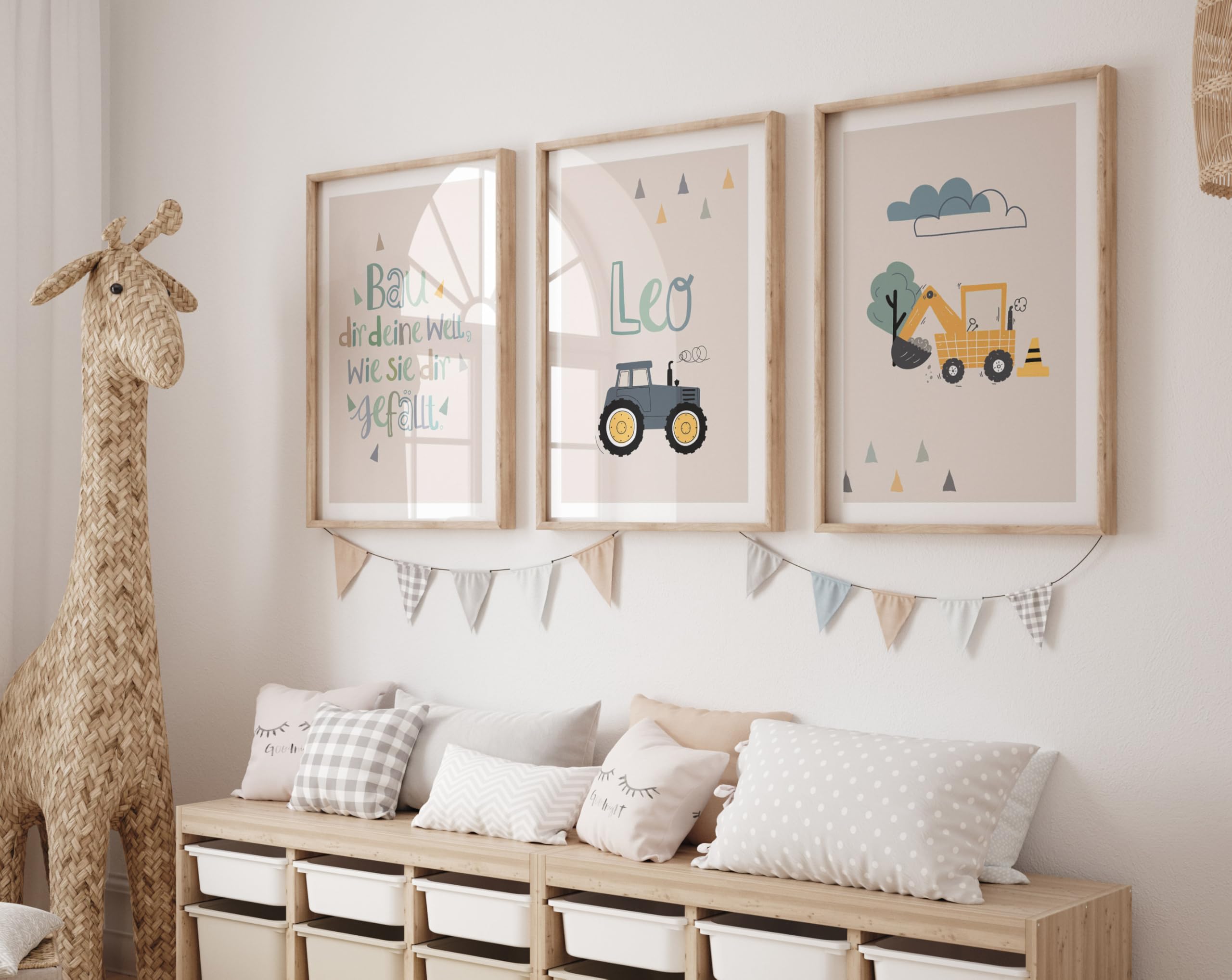 Generisch Kinderzimmer Bilder Junge, Wanddeko mit einem Traktor, Kinderspruch, Bagger als 3er Set ohne Rahmen (Beige, DIN A3 (29,7 × 42 cm))