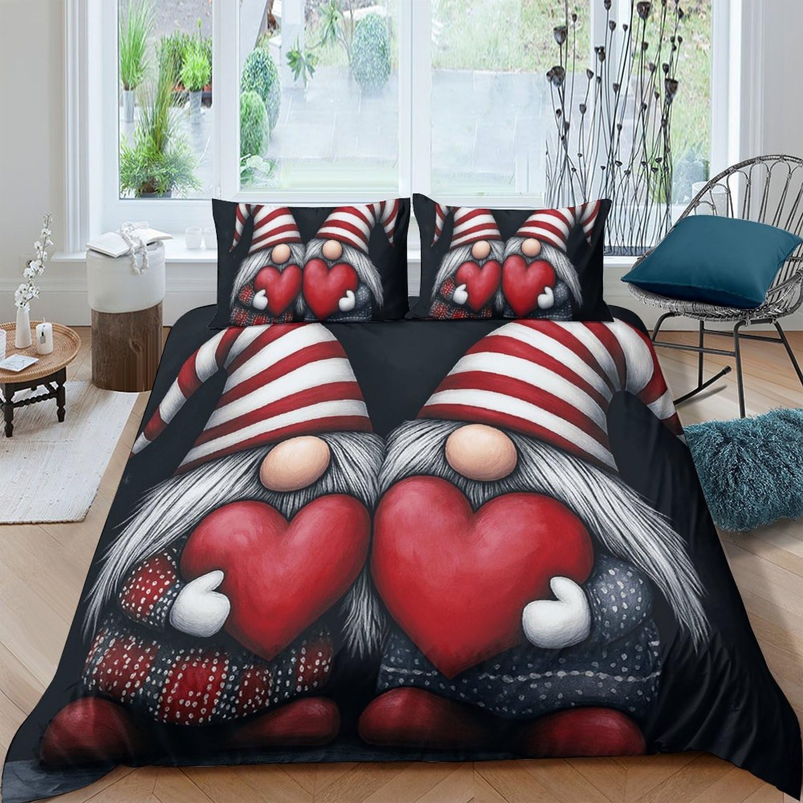 Ctjqhvkz Style-4 3D Printed Valentine Gnome Fitted Sheet Microfiber Soft Red Heart Bed Cover Bedroom Decor Anti-Slip Machine Washable Single（135X200cm）