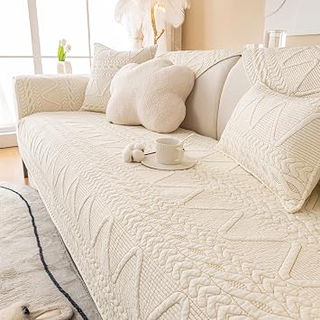 Jonuiony Cotton Sofa Cover, Couch Slipcover, Sofa Mat for 1/2/3/4 Seat, Anti-Slip Sofa Cushion Protective, Bay Window Mat, Area Rug Seat Pad, Bench Seat Covers, Tatami MatsA-White,27.56 * 82.68inch