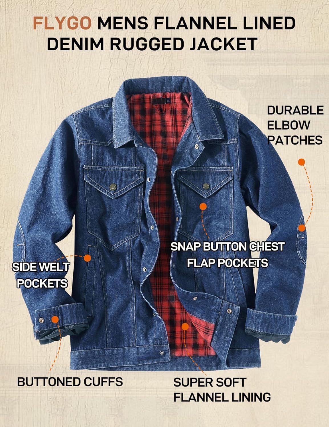 Flygo Mens Flannel Lined Denim Jacket Snap Cowboy Cut Western Classic Slim Fit Vintage Heavy Duty Jacket Trucker Coat - Image 4