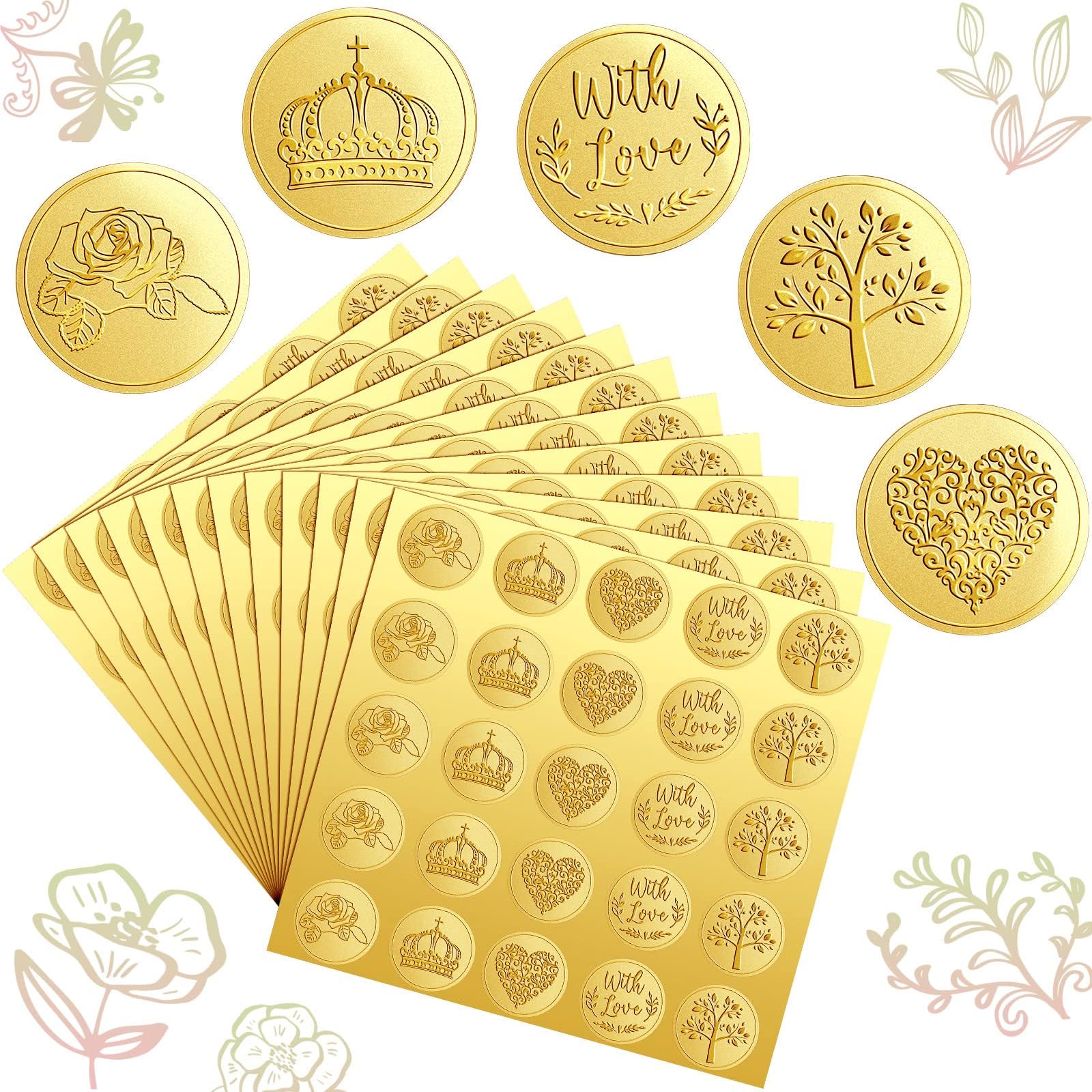 Dzxin Elegant Style Envelope Seal Stickers, 250 Pieces Gold Embossed Envelope Seals Stickers Adhesive Seal Stickers Vintage Embossed Labels For Wedding Invitations Envelopes, 5 Patterns (Elegant Style)