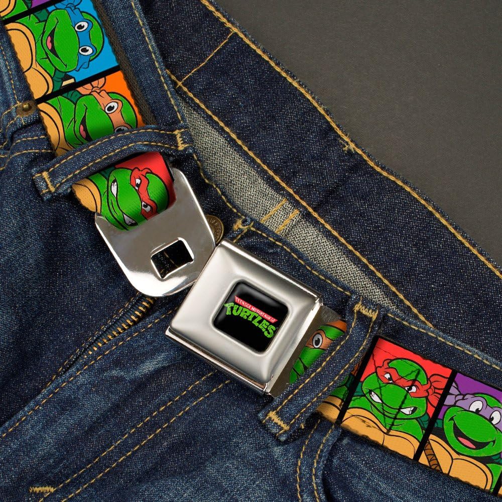 Buckle-Down Seatbelt Belt - Classic TMNT Face Blocks Black/Multi Color - 1.0" Wide - 20-36 Inches in Length