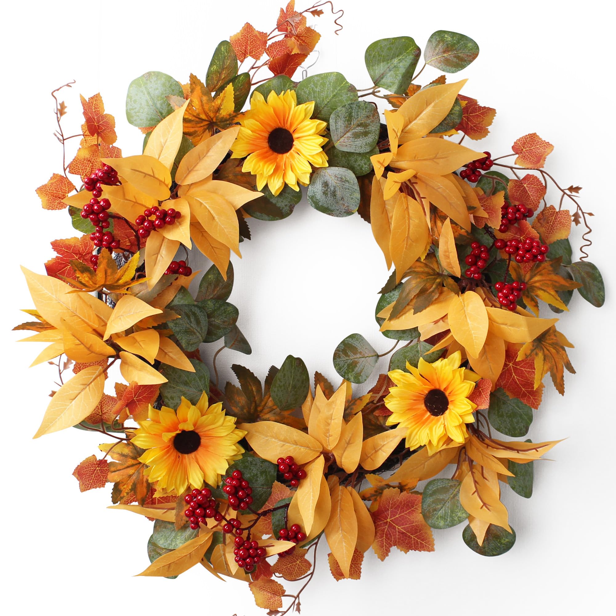 WILLITAT 24 Inch Autumn Wreath for Front Door – Large Outdoor Wreath with Sunflowers, Eucalyptus, Red Berries & Maple Leaves – Outside Autumnal Decor, Harvest Wall & Home Decoration for Thanksgiving