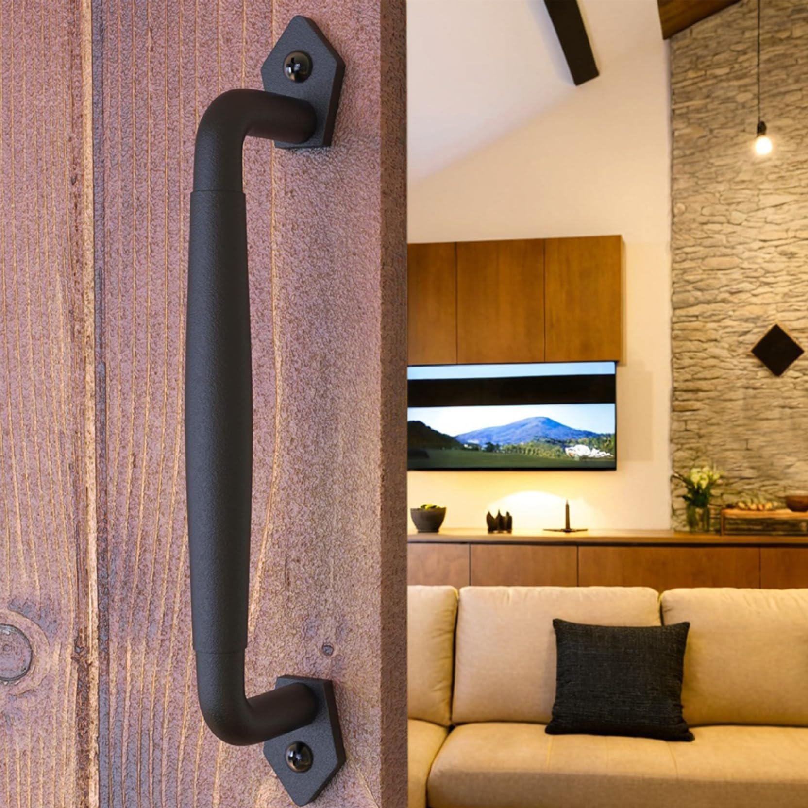 Black Barn Door Handle 10 Inch Round Door Pull Handle Rustic Iron Gate Easy Install Garage with Screws for Sliding Barn Cabinet Closet Drawer