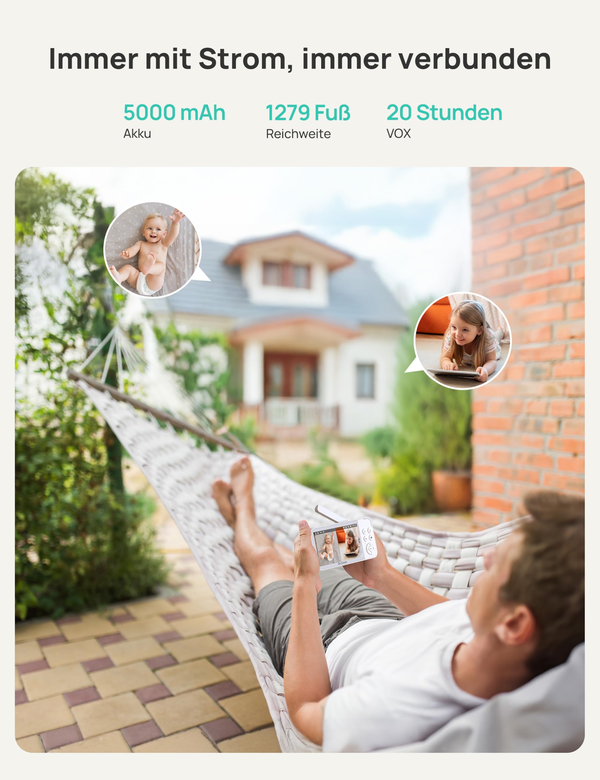 Dr.Care VistaView Smart WLAN Babyphone, 5” 1080P HD, 2K Kamera, App-Steuerung, Bewegungs- & Weinen-Alarm, Nachtsicht (babyphone mit 2 Kamera)