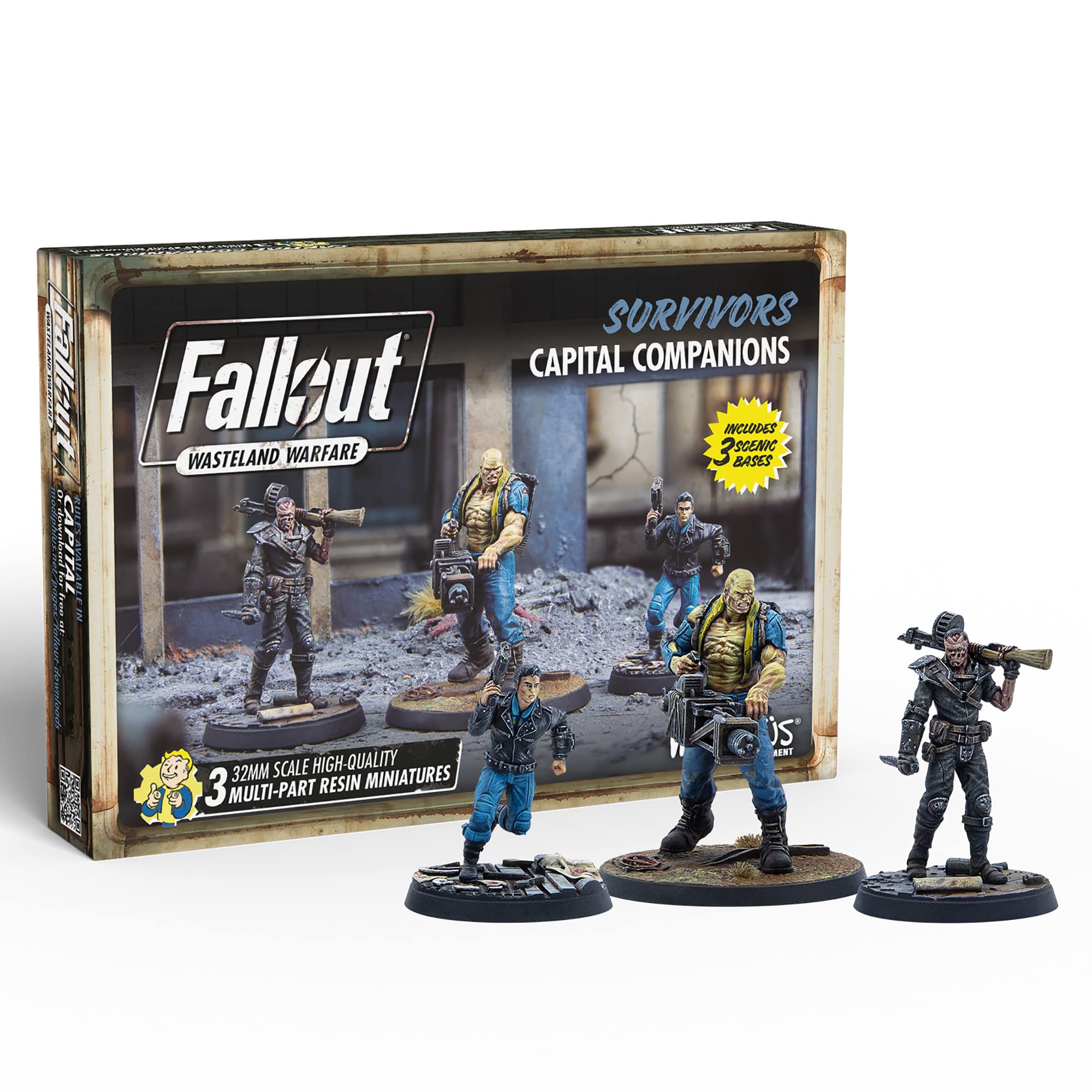 Modiphius Fallout: Wasteland Warfare - Eroi Di Sanctuary Hills: Nate, Dogmeat Con Occhiali E Codsworth - Set Di 3 Miniature In Resina 32mm Non Verniciate
