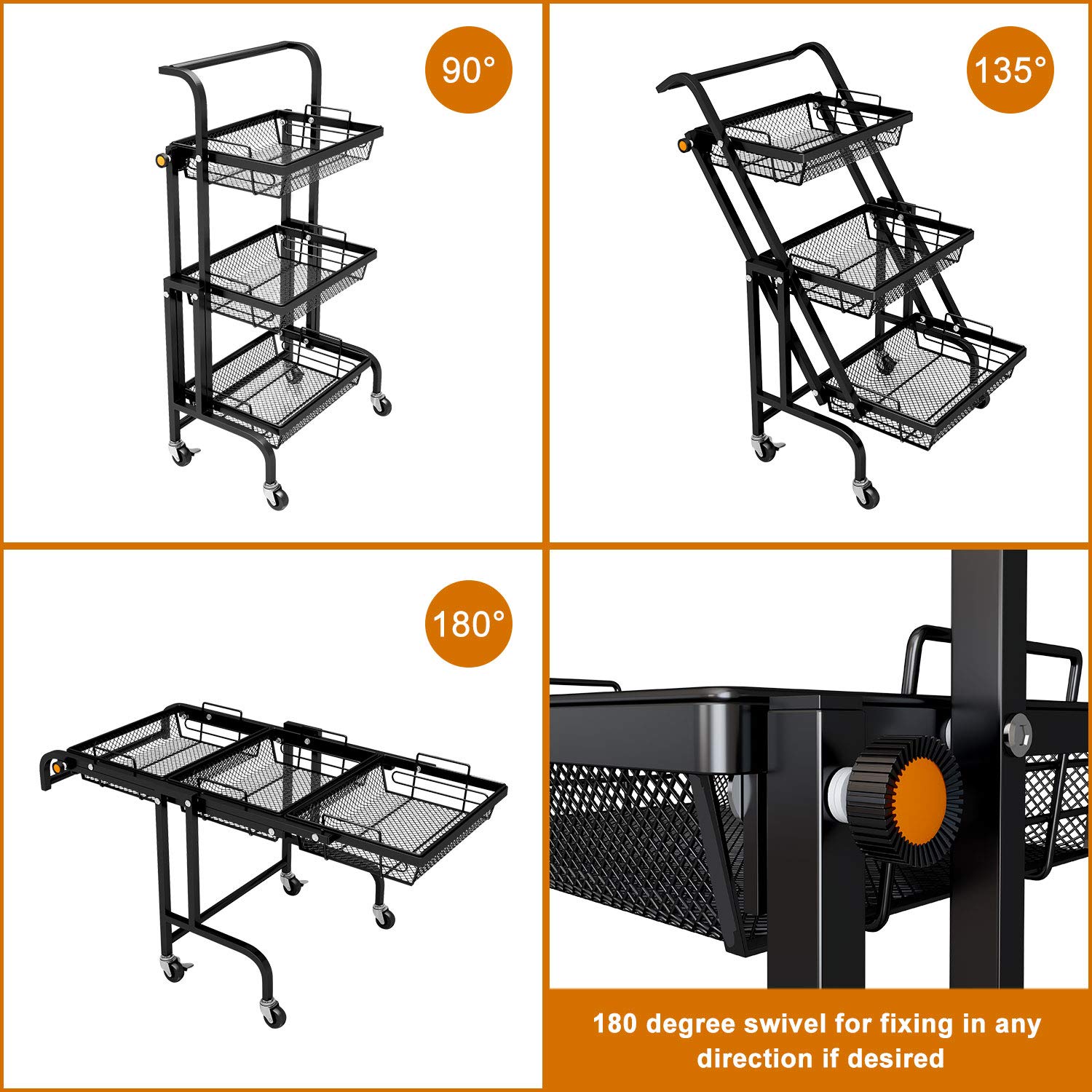 Buy BEEY 3Tier Metal Utility Rolling Cart with Locking Wheels Black