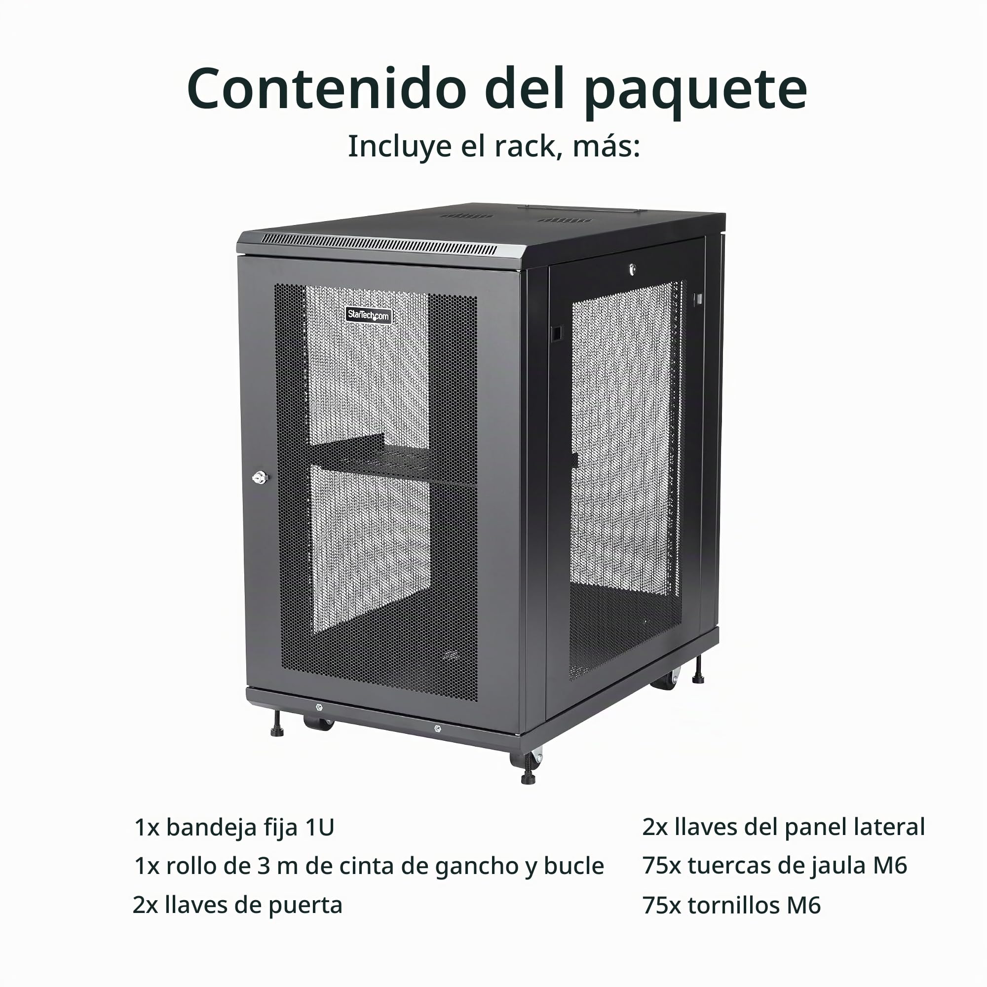 StarTech Armario Rack 18U 4 Columnas Cerrado 19in, 75cm, 450kg (RK1833BKM) | Gestión de cables incluida, Totalmente montado con ruedas, Puertas de malla con cerradura