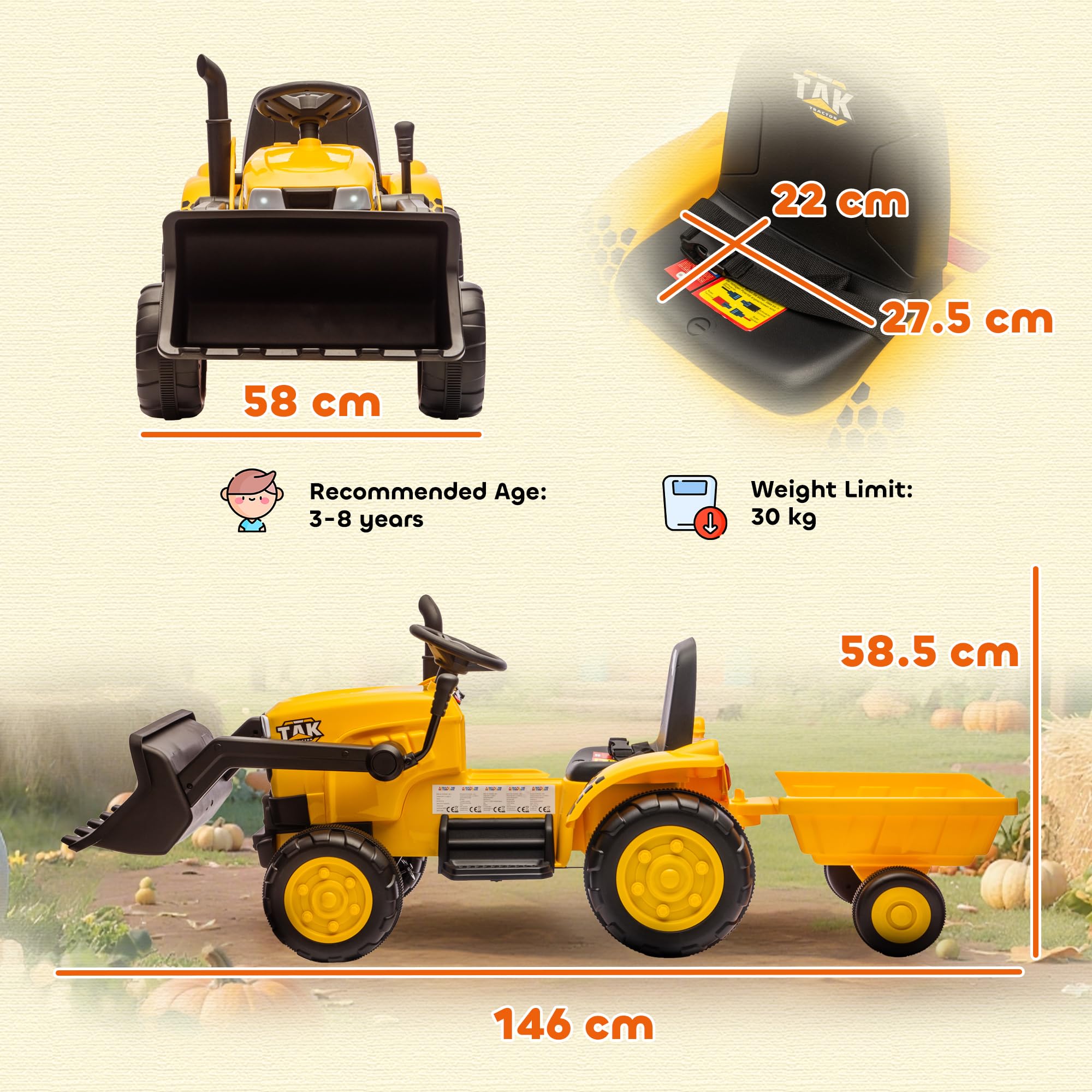 AIYAPLAY Escavatore per Bambini Elettrico 12V con Benna e Rimorchio Staccabile, Trattore Elettrica Cavalcabile con 2 Motori, Telecomando, Connessione Wireless, USB, Luci e Musica, 3-8 Anni, Giallo