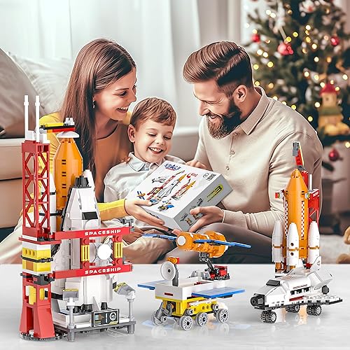 Miniatura 7 de WATSABRO Bloques de construcción de exploración espacial, juguetes STEM, juego de juguetes de construcción de lanzacohetes espaciales 4 en 1, kit de