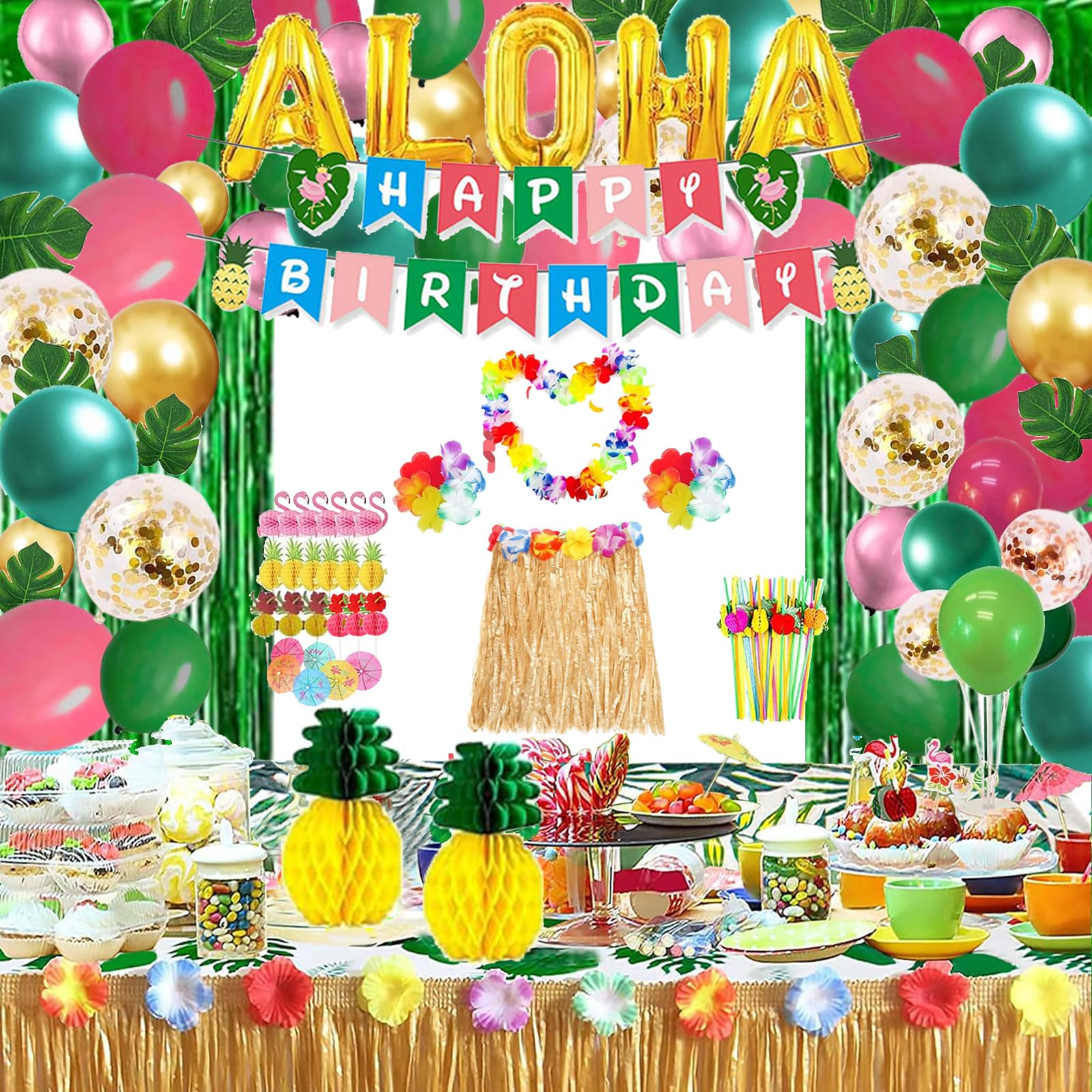 183 Pcs Luau Party Decorations, Hawaiian Party Decorations with Aloha Balloon Garland, Curtain, Luau Hula Skirt, Hawaiian Leis, Hibiscus, Palm Leaves,