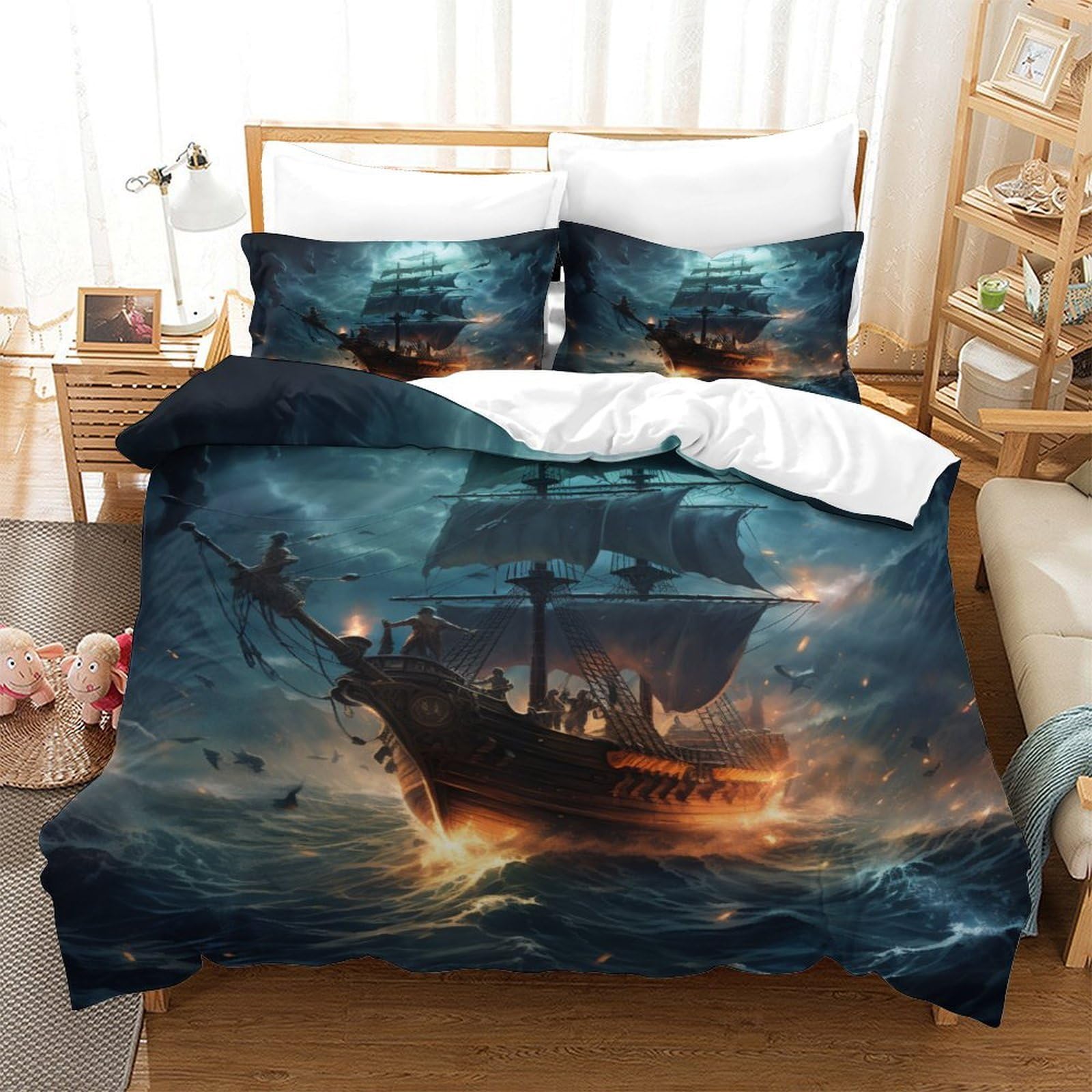 YYVKPMLXC Pirate Ship 3D Printed Duvet Cover Sets,Fantasy Adventure Bedding Set Soft Microfiber Quilt Covers 3pcs, Comforter Cover with Zipper Closure for Kids Teens Bedding Single（140x200cm）