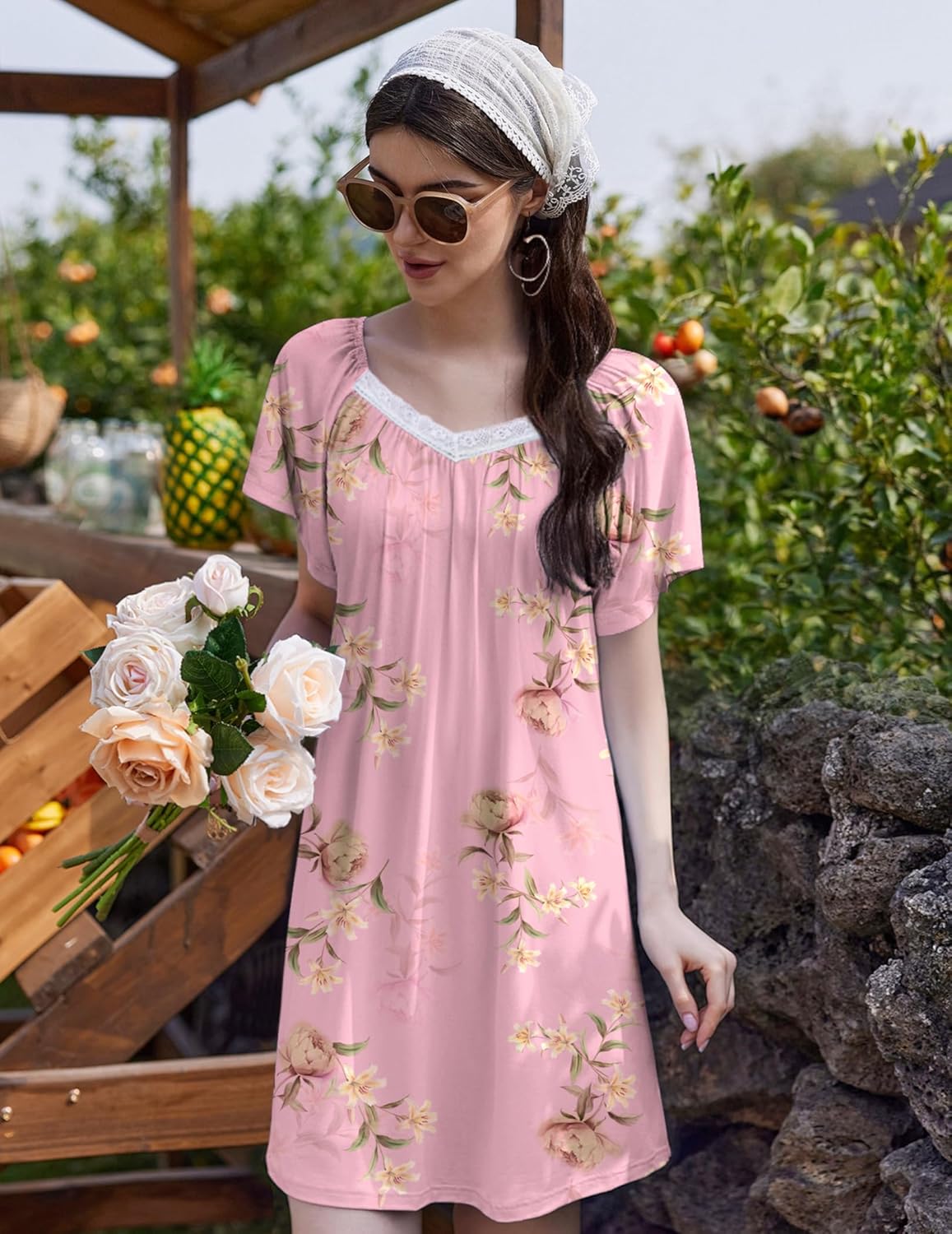 Ekouaer Womens Nightgown Lace Trim V Neck Sleep Shirt Flare Short Sleeve Night Gown Pleated Nightshirt Ladies Nightdress - Image 5