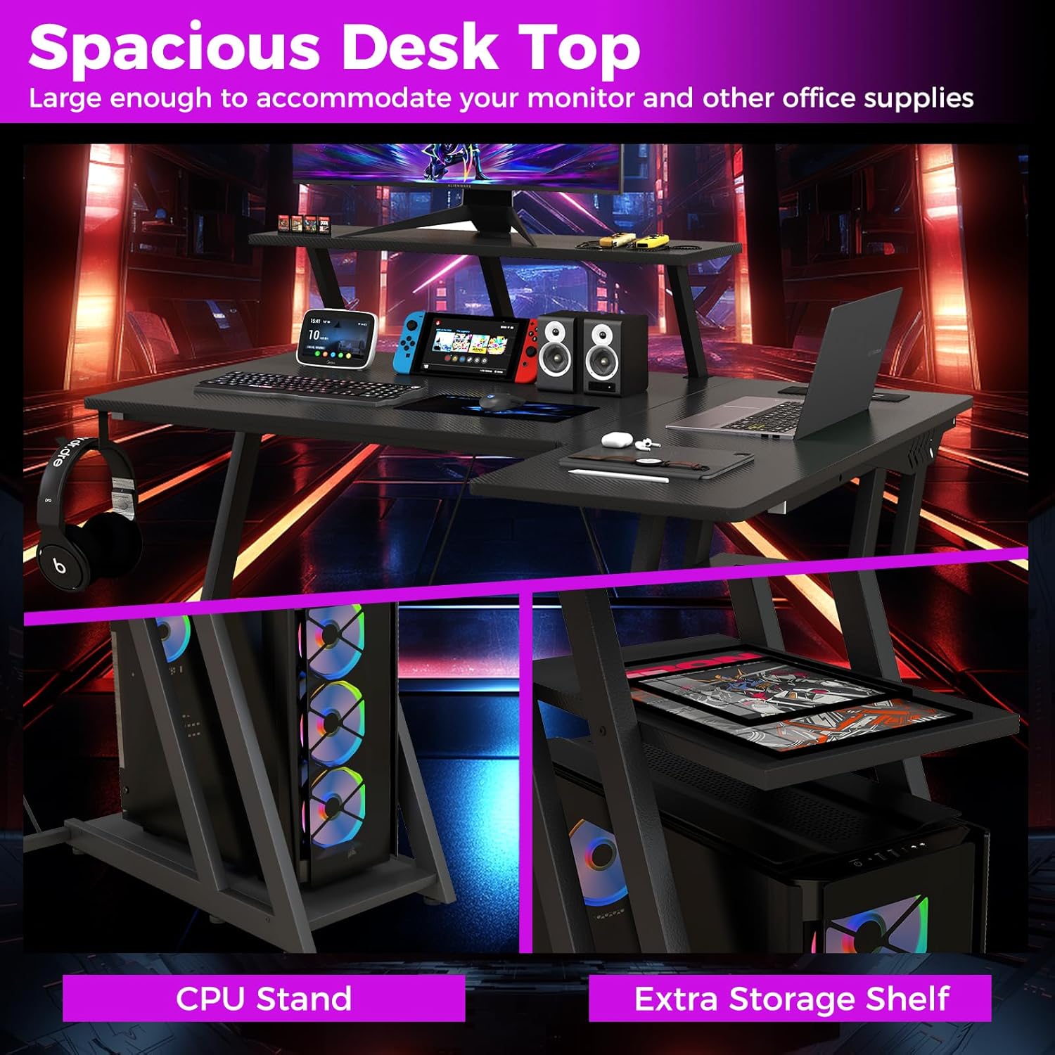 Tangkula L-Shaped Gaming Desk with Power Outlets, Small Corner Desk with Storage Shelf, Carbon Fiber Texture, Gamer Table (Black)