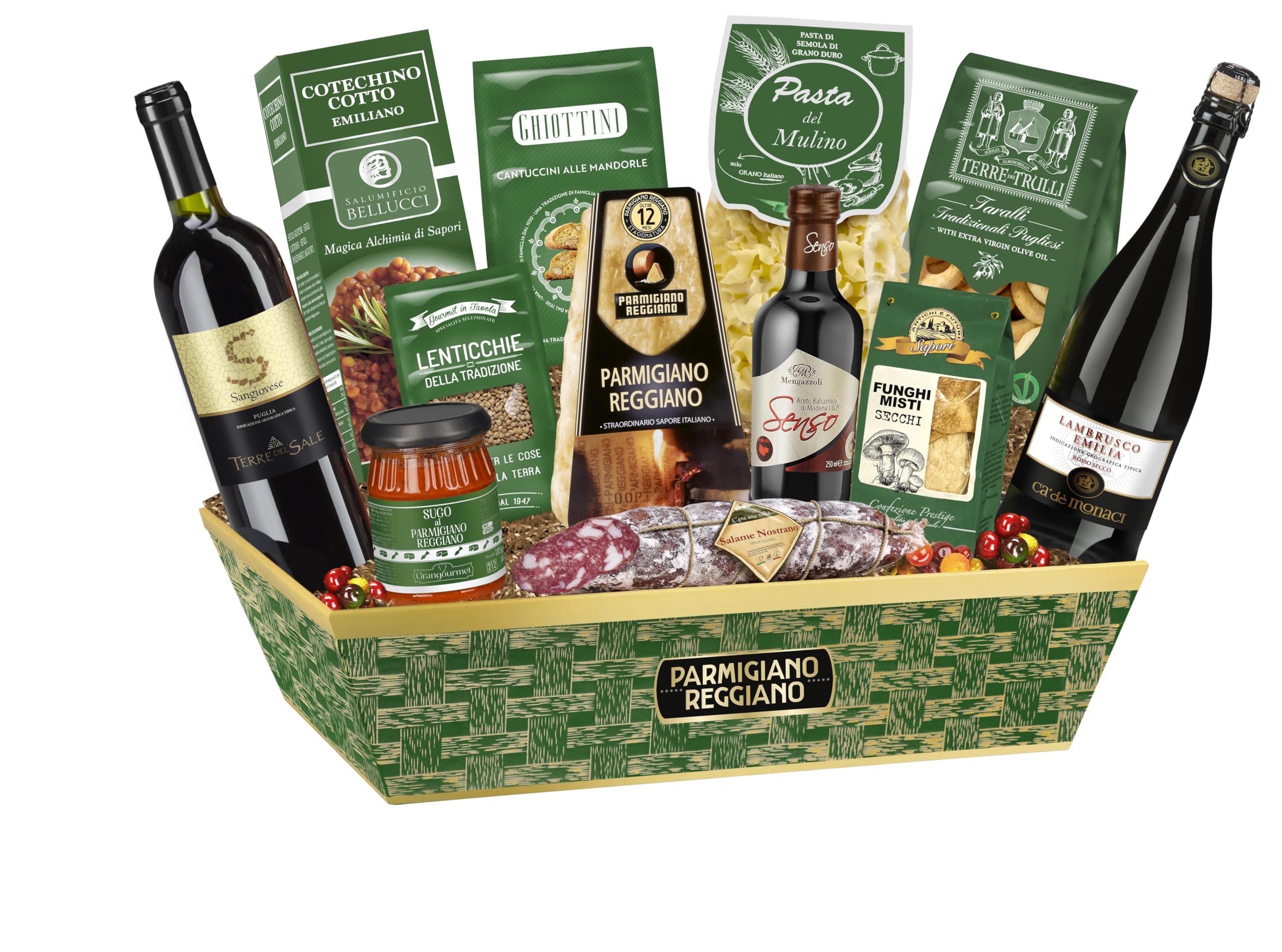 Cesto Natalizio Gaia da 13 Pezzi, Specialità Gastronomiche: Parmigiano, Cotechino, Vino Sangiovese, e Delizie Tipiche per Natale