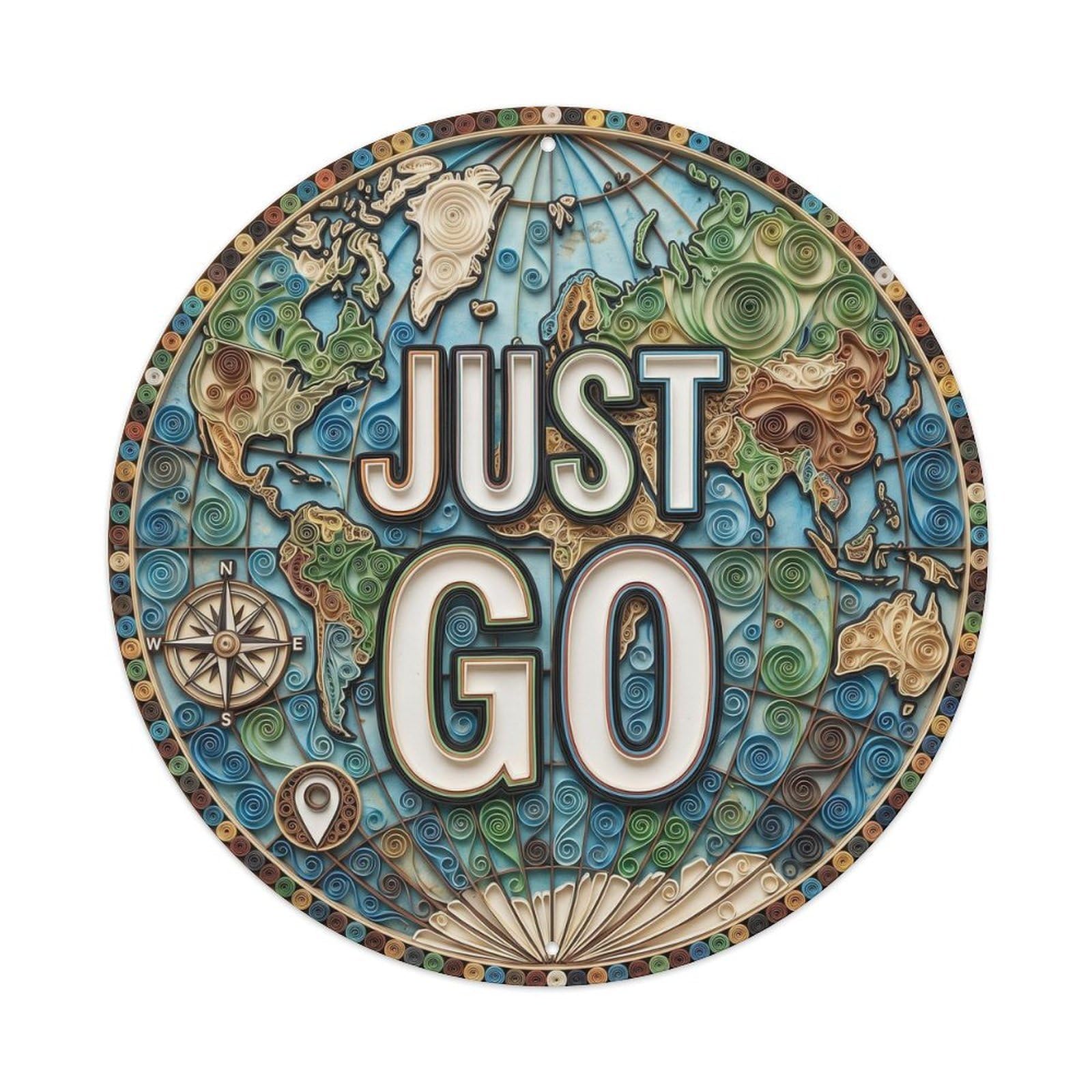 Vintage World Map with Compass Just Go Quilling Metal Tin Sign